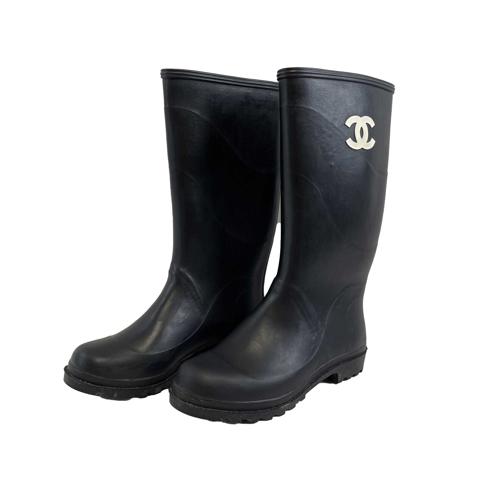 Vintage Chanel CC Logo Black Rubber Rain Boots Size US 7 (EU 37) - 90s Rare Waterproof Shoes for Women | Perfect for Rainy Days, Outdoor Adventures & Fashion Collectors