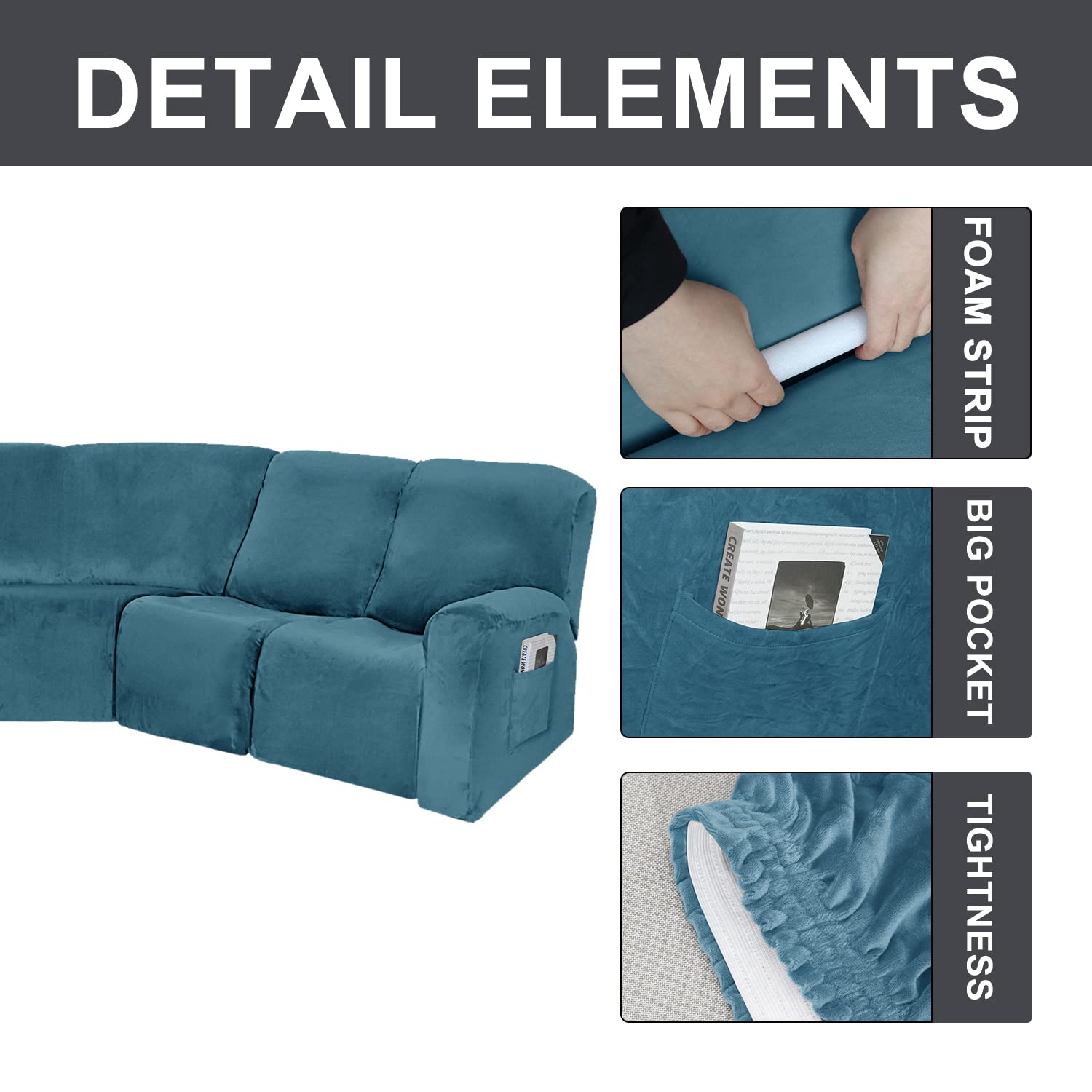 Velvet Stretch Recliner Sofa Cover Set - 7-Piece Plush Elastic Slipcover for 5-Seat Corner & L-Shaped Sectional Couches - Furniture Protector in Velvet Blue | Perfect for Living Room, Home Theater & Family Gatherings
