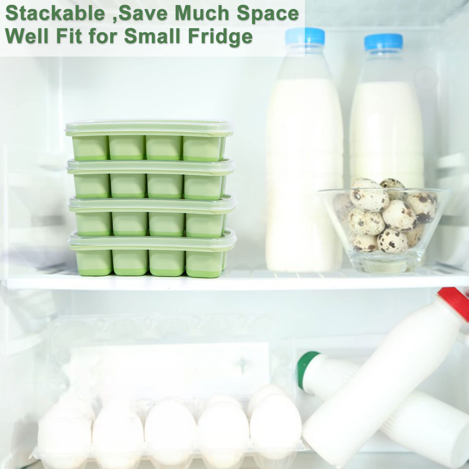 Yeeco 4-Pack Mini Silicone Ice Cube Trays with Lid - 5.6”×2.8”×1.4” Small Ice Cube Molds (8 Cubes Each) - Easy Release for Mini Fridge, Cocktails, Whiskey & Beverages - Perfect for Home Bars, Parties & Office Use (Green)