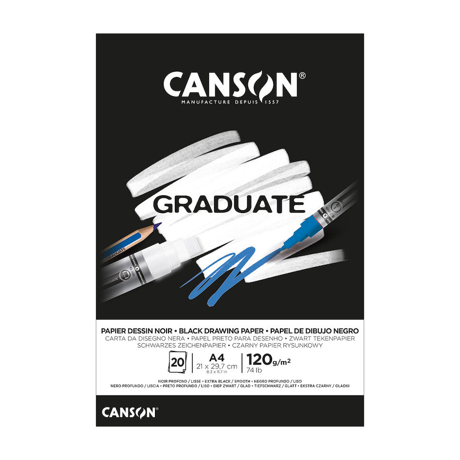 Canson Graduate Black Paper Pad A4 - Premium Sketchbook for Artists & Designers | Ideal for Drawing, Calligraphy & Mixed Media Art Projects