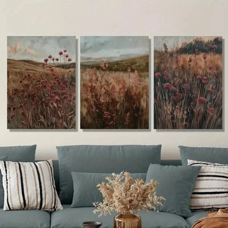 3-Piece Wildflower Metal Wall Art - Deep Red Floral Painting, Ready to Hang Home Decor | Perfect for Living Room, Bedroom & Office