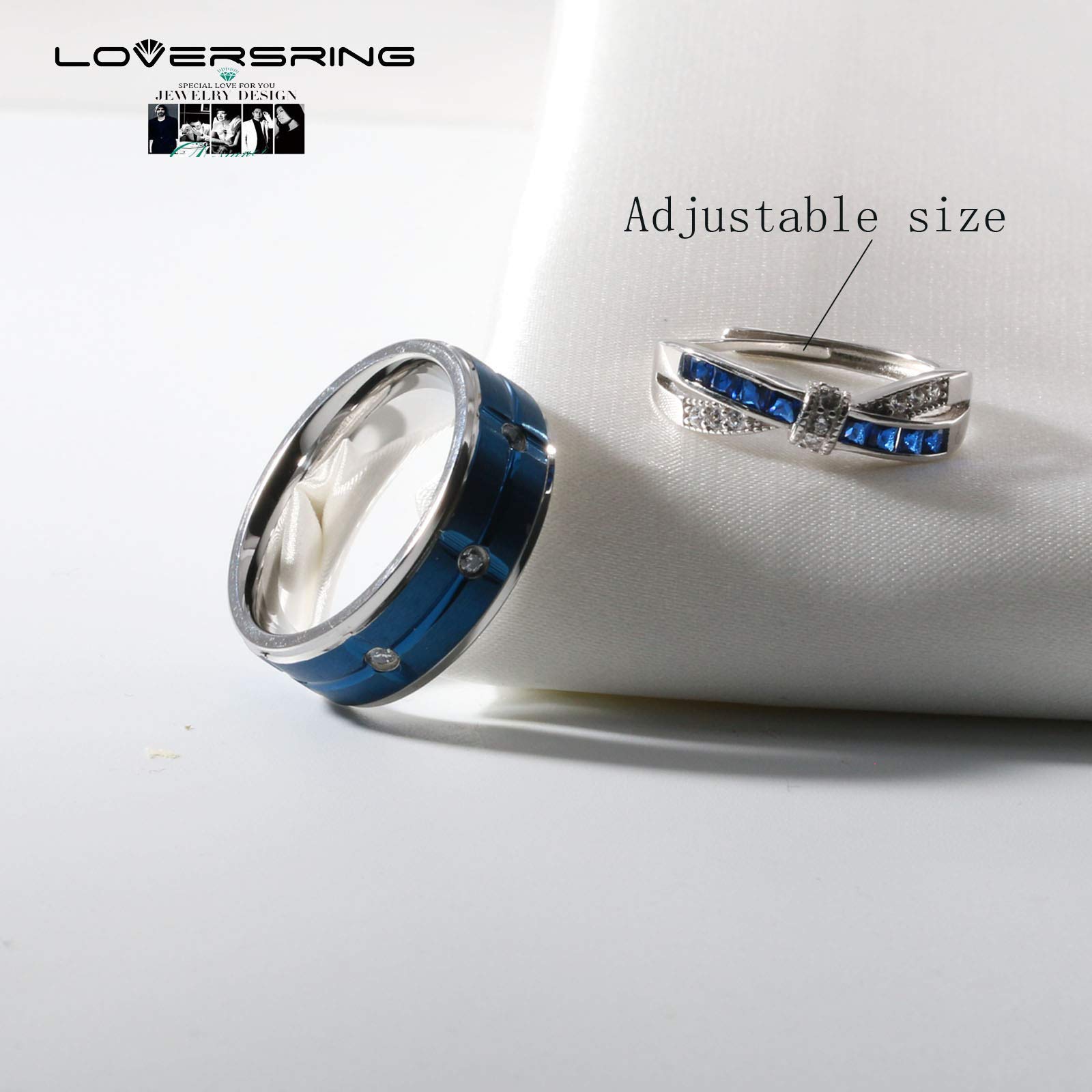 Adjustable Wedding Ring Sets for Couples - His & Hers 925 Sterling Silver & Titanium Square CZ Promise Bands - Perfect for Engagements, Anniversaries, and Romantic Gifts