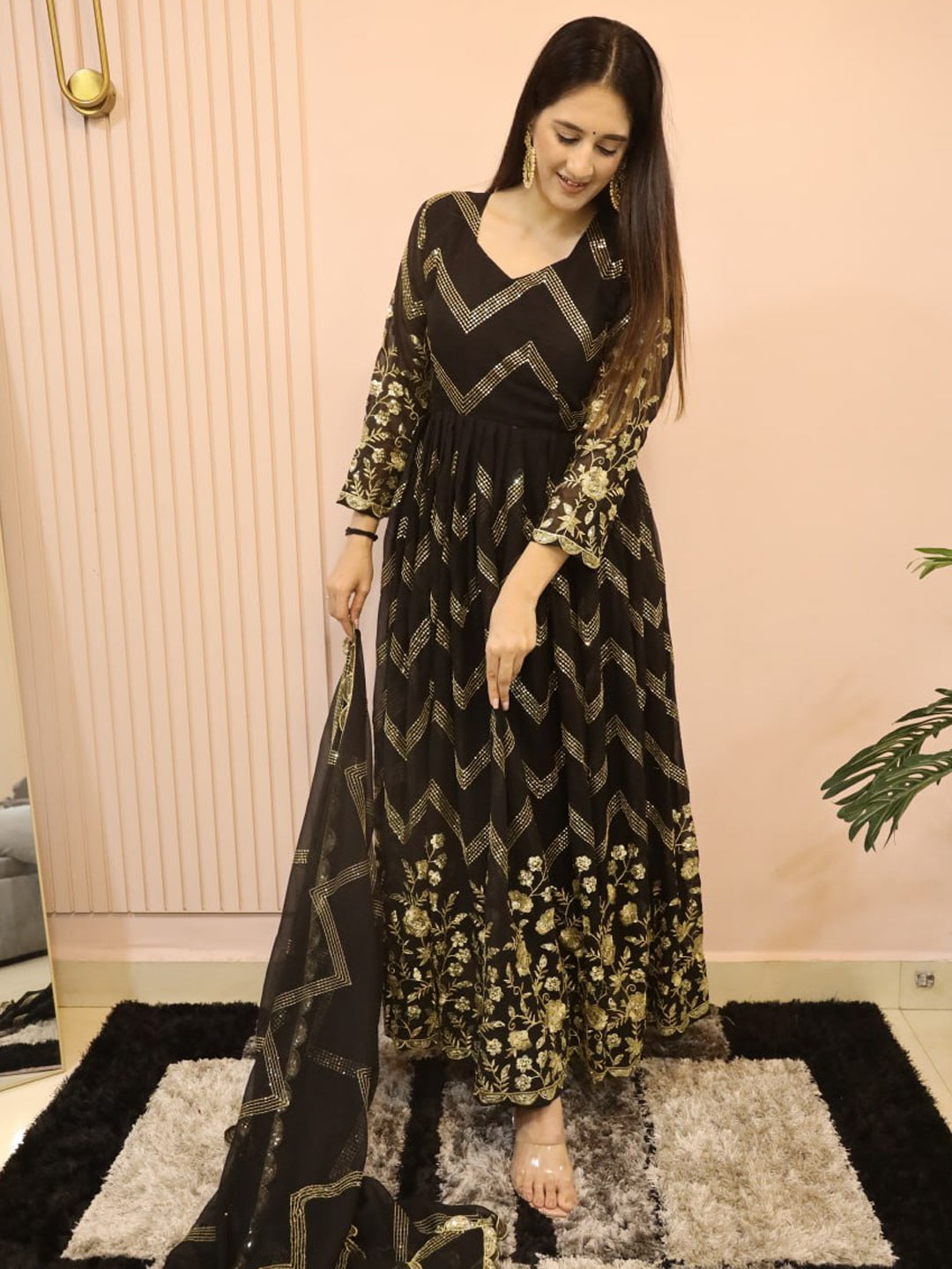 Elegant Black Designer Ready-Made Gown with Embroidered Dupatta - Perfect for Weddings, Parties & Special Occasions