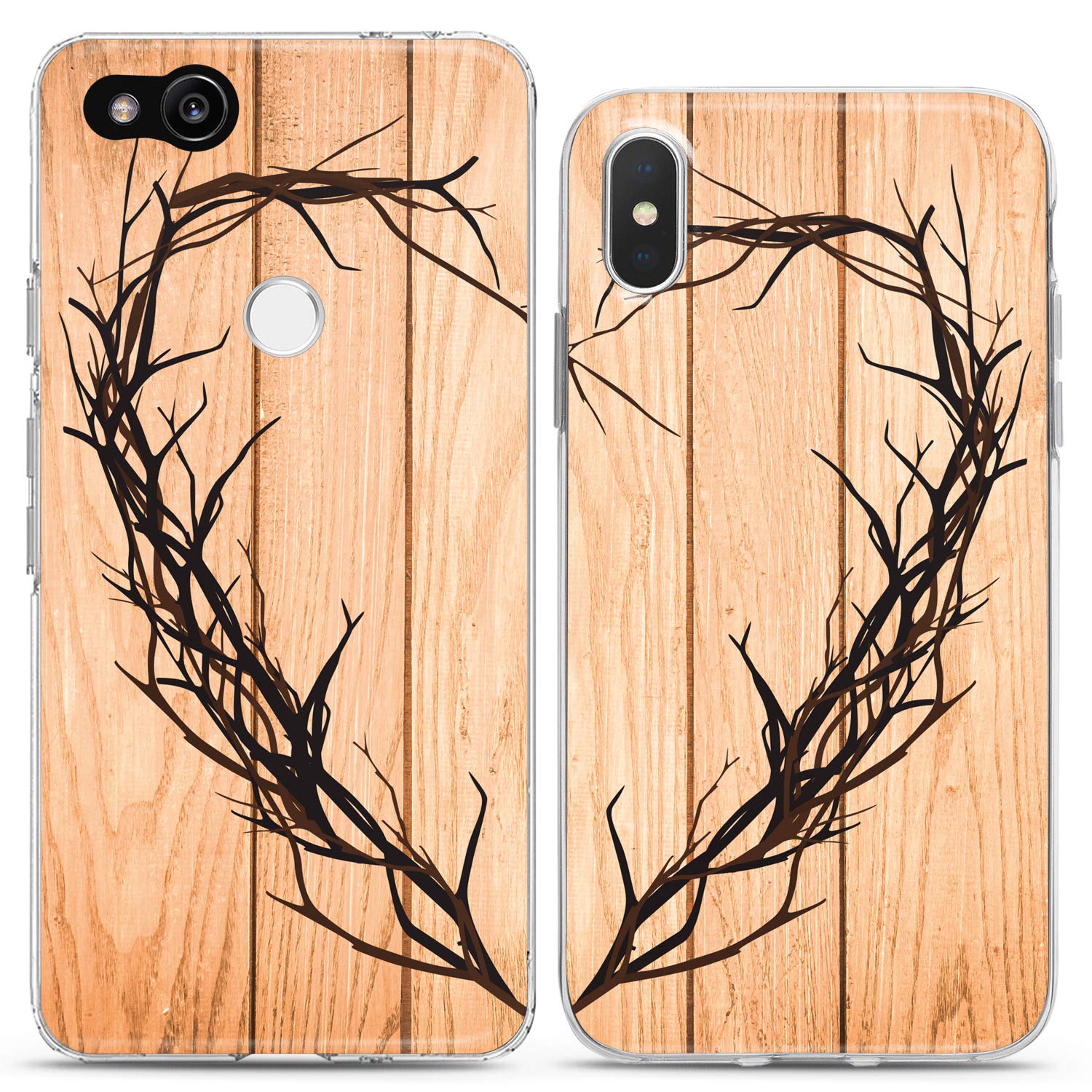 Matching Couple Phone Cases Compatible with iPhone 16/15/14/13/12/11 Pro Max/Mini/XS/X/8 Plus/7+/XR/10/SE/5 - Wood Texture Heart Tree Branch Design Cute Silicone Cover for Anniversary Gifts, Couples & Friends - Perfect for Valentine's Day, Wedding Gifts & Relationship Milestones