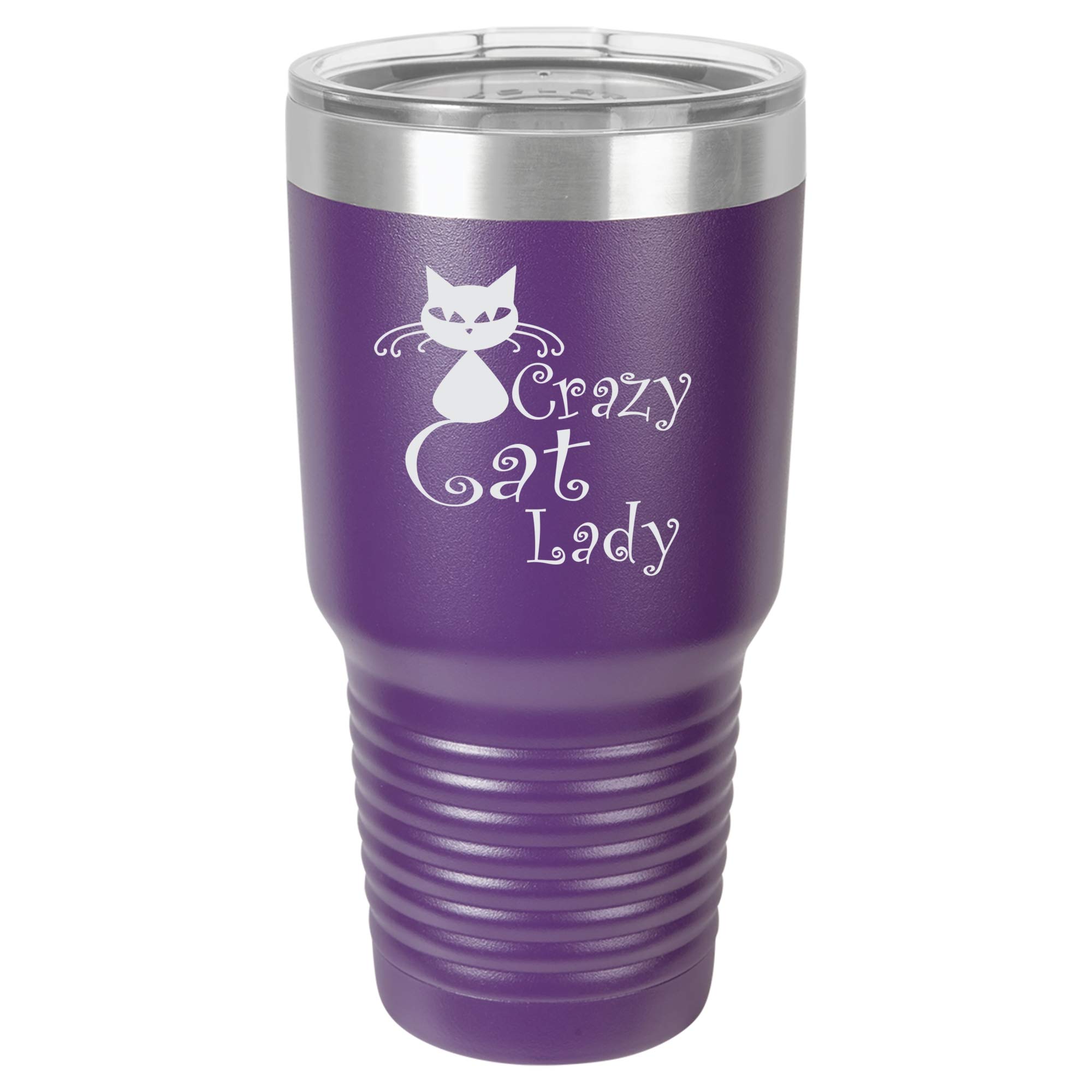 30oz Purple Vacuum Insulated Travel Tumbler with 'Crazy Cat Lady' Engraved Design - Perfect for Coffee, Tea & Cold Drinks On-The-Go, Office, Gym & Outdoor Adventures