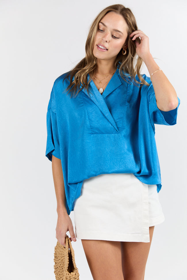 Elegant Blue Oversized Satin Collared Blouse for Women - Perfect for Office Wear, Evening Parties & Special Occasions