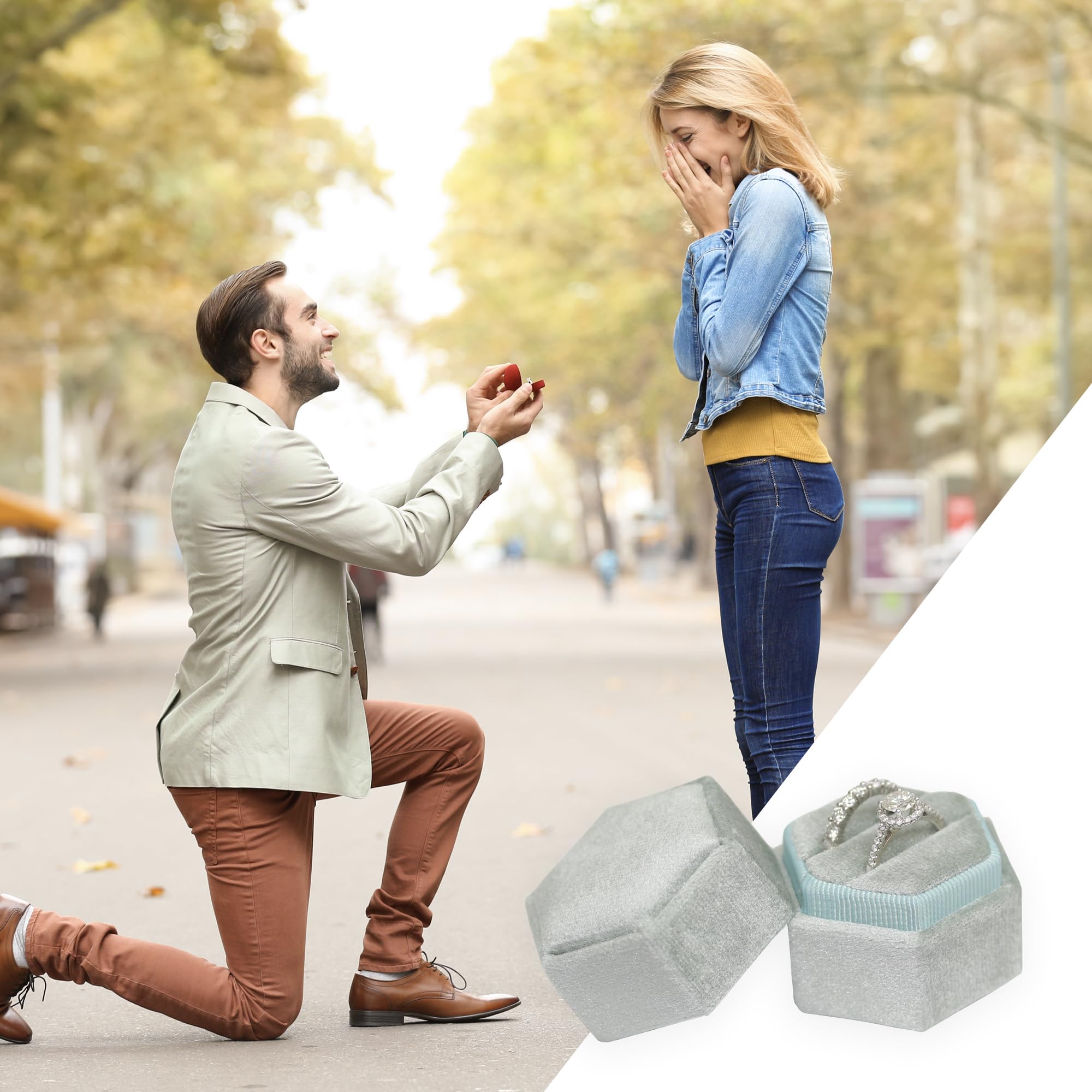 Hexagon Velvet Jewelry Ring Box - 2 Slots Engagement Ring Holder with Detachable Lid for Wedding Proposal & Ceremony (Sage Green) | Perfect for Bridal Showers, Anniversary Gifts & Valentine's Day