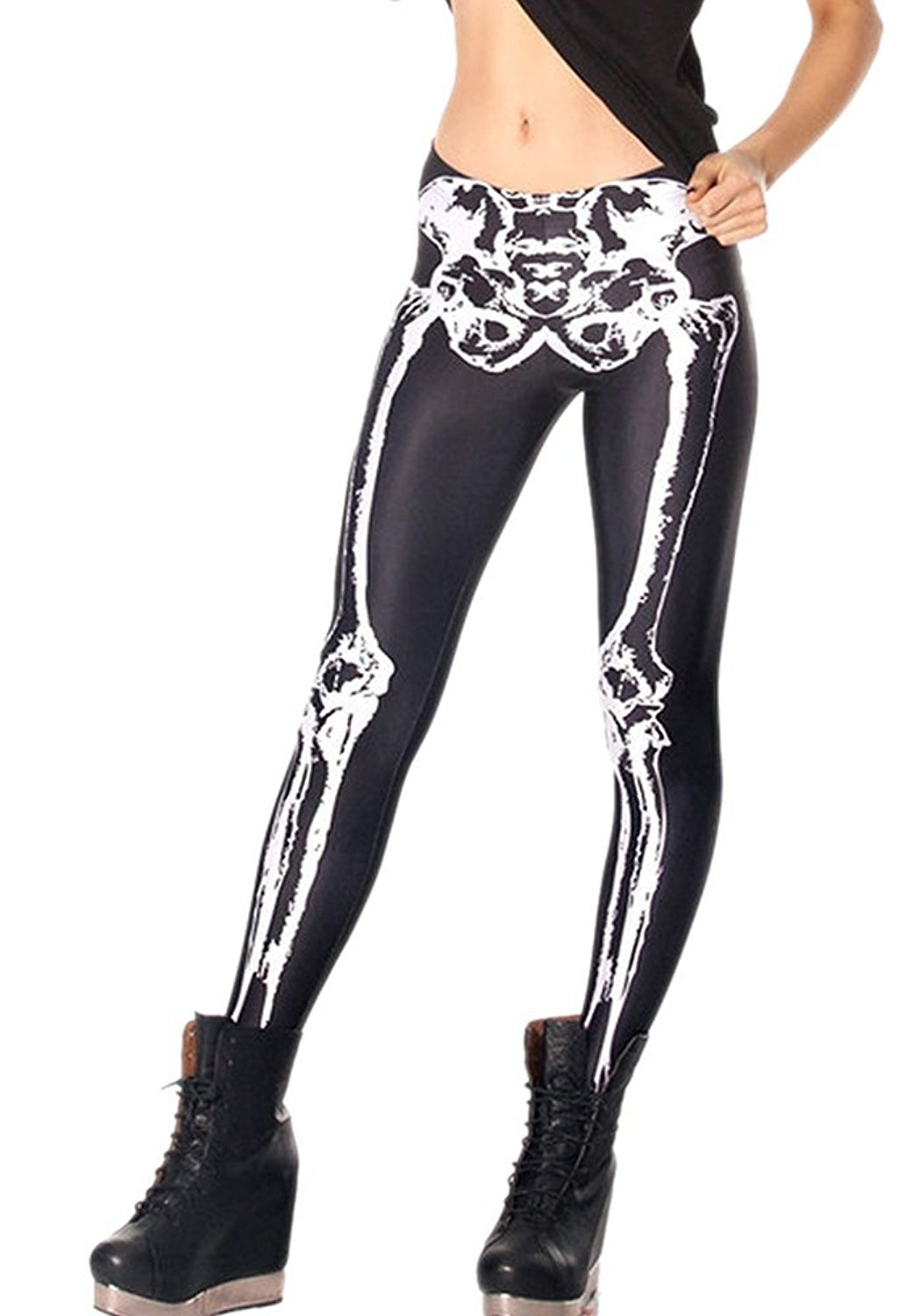 Women's Skeleton Print Leggings - Stretch Black & White Tights for Yoga & Fitness