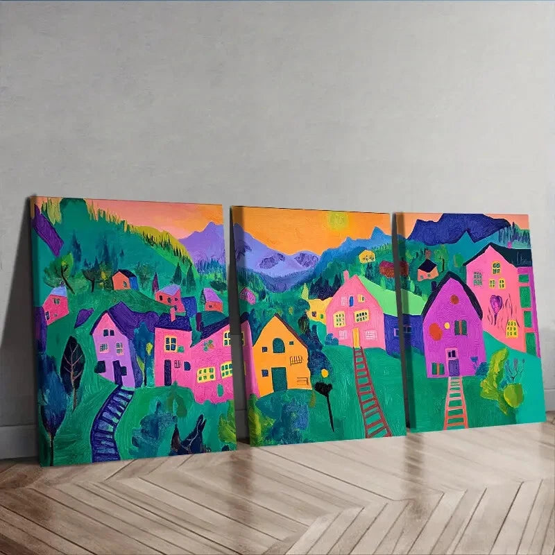 3-Piece Colorful Mountain & House Scenes Wall Art Set - Framed Canvas 40x60cm (16x24in) - High Quality Print - 100% Australian Made - Ready to Hang - Perfect for Living Room, Bedroom & Office Decor
