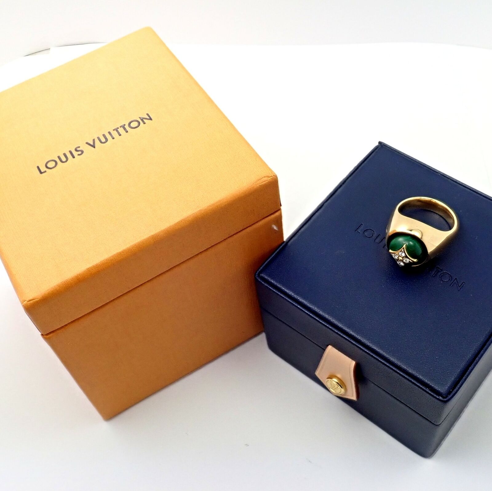Authentic Louis Vuitton LV 18k Yellow Gold Diamond Malachite Blossom Signet Ring for Women - Luxury Fashion Jewelry Gift for Anniversary, Valentine's Day & Special Occasions