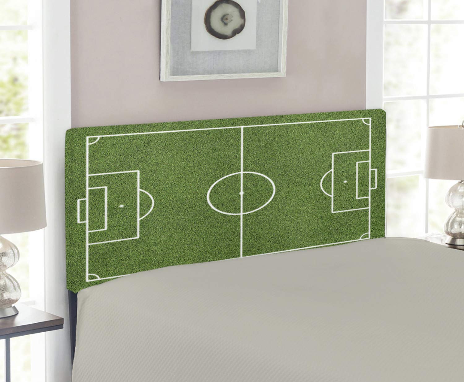 Ambesonne Twin Size Upholstered Headboard - Soccer Field Grass Design, Memory Foam Padding, Fern Green & White - Perfect for Teen Bedroom, Sports Theme Decor, Dorm Room or Game Room Setup