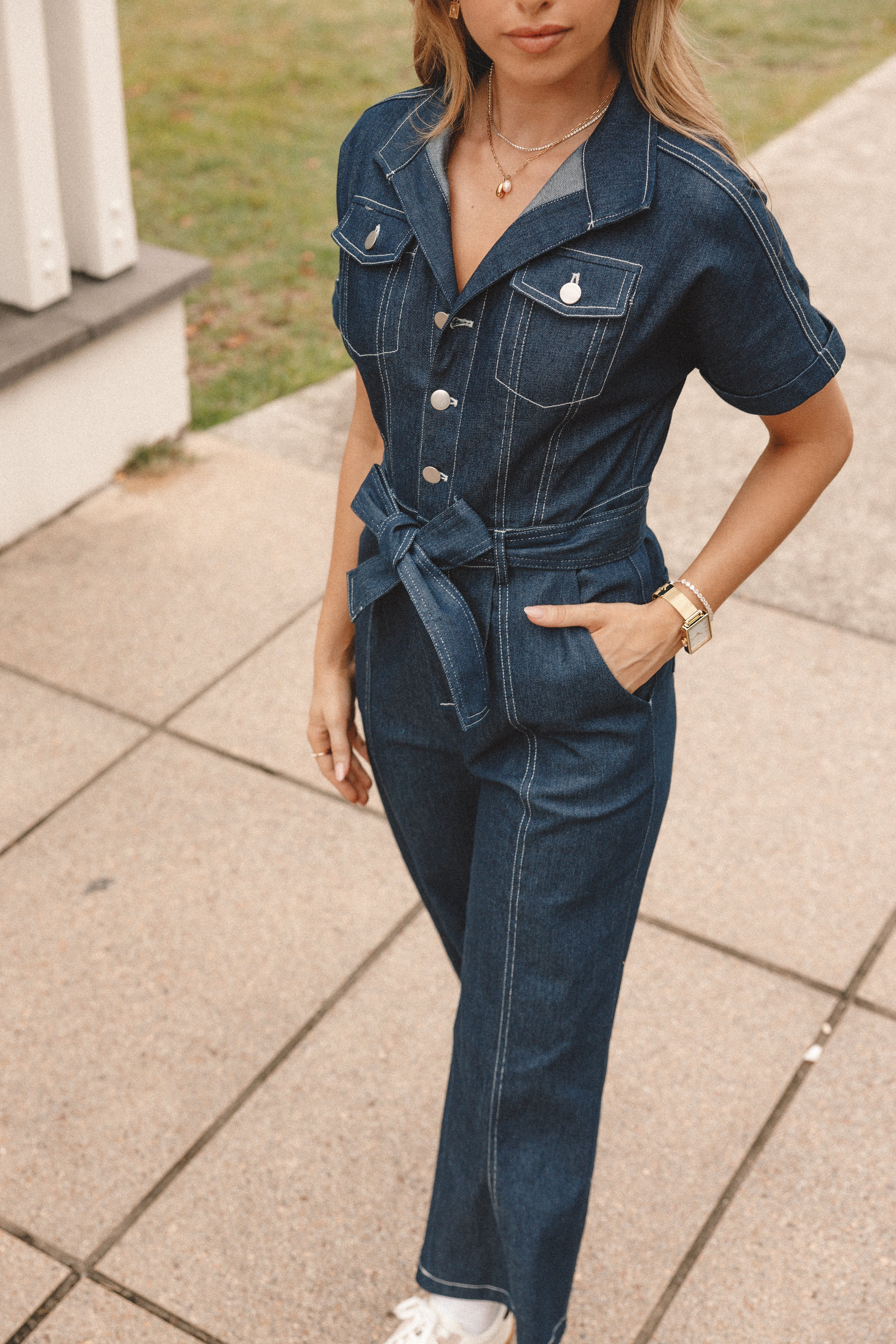 Women's Demi Contrast Stitch Jumpsuit in Dark Denim - Stylish Denim Romper for Casual Outings, Date Nights & Summer Fashion