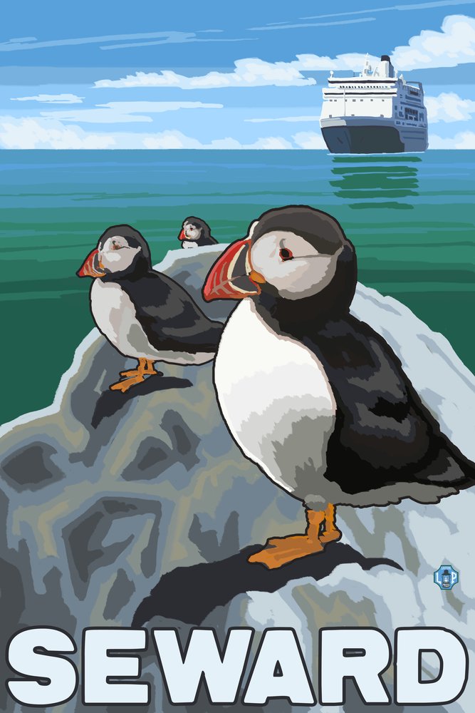 Puffins and Cruise Ship Metal Wall Art - 24x36 Gallery Quality Aluminum Decor for Home & Office - Coastal Alaska Landscape Print, Seward Scenic Wall Decor for Living Room, Bedroom, or Office