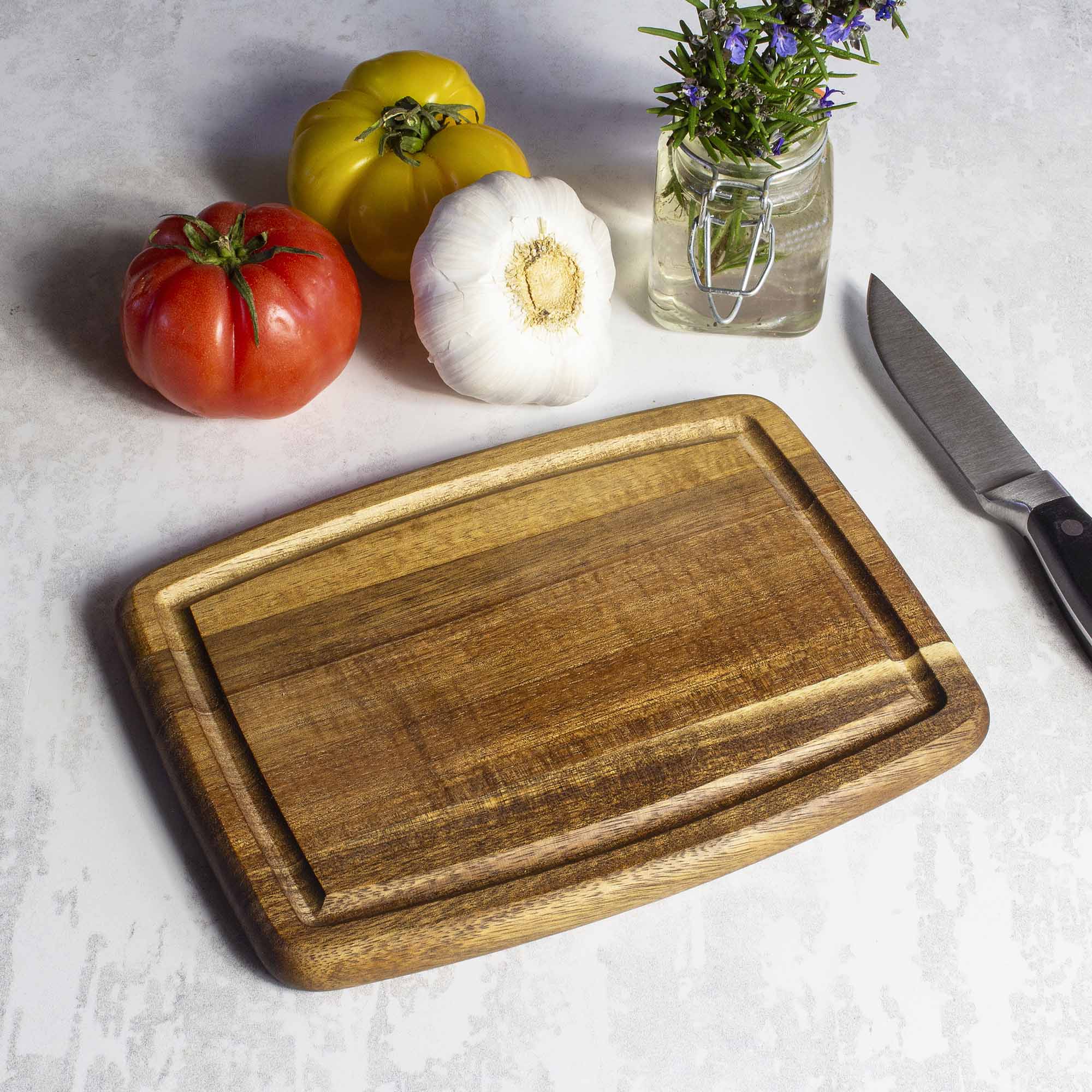 TB Home® Small Cutting Board with Juice Groove - 8 x 6 Inch Bamboo Chopping Board for Kitchen, Fruits, Vegetables & Meat - Perfect for Countertop Prep, Serving & Entertaining