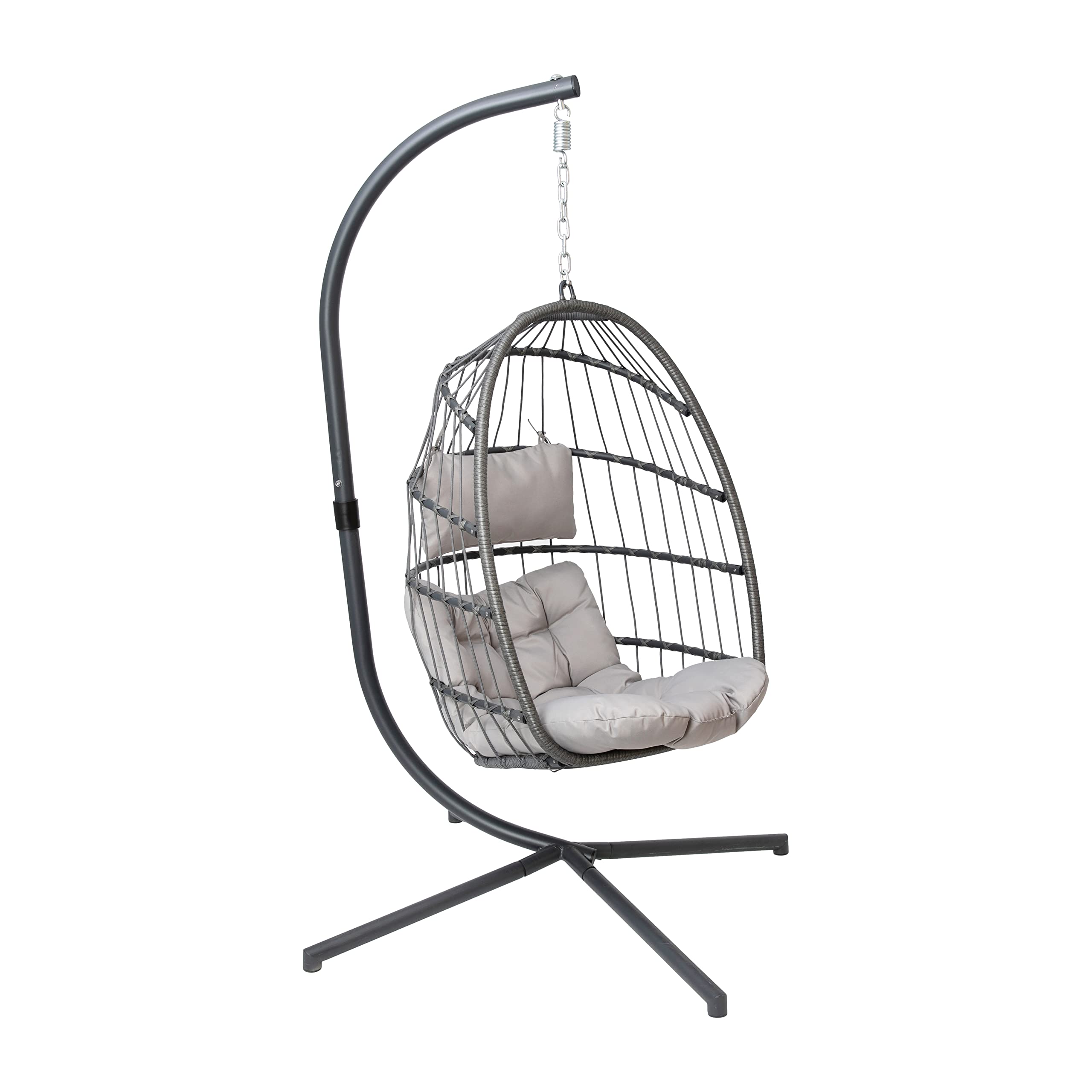 Flash Furniture Cleo Indoor/Outdoor Hanging Egg Chair with Gray Frame & Cushions - Black Powder-Coated C-Stand - Perfect for Patio, Garden, Poolside & Balcony Relaxation
