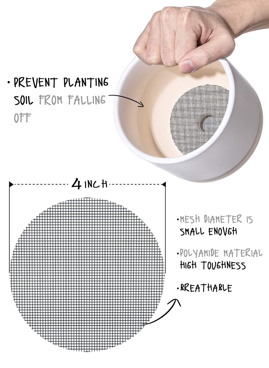 LE TAUCI 4-Inch Round Plant Pot Hole Mesh Pads - Reusable Flower Pot Drainage Covers to Prevent Soil Loss, Durable Bonsai Bottom Grid Mat for Indoor/Outdoor Gardening (50-Pack) - Perfect for Potted Plants, Succulents, and Herb Gardens