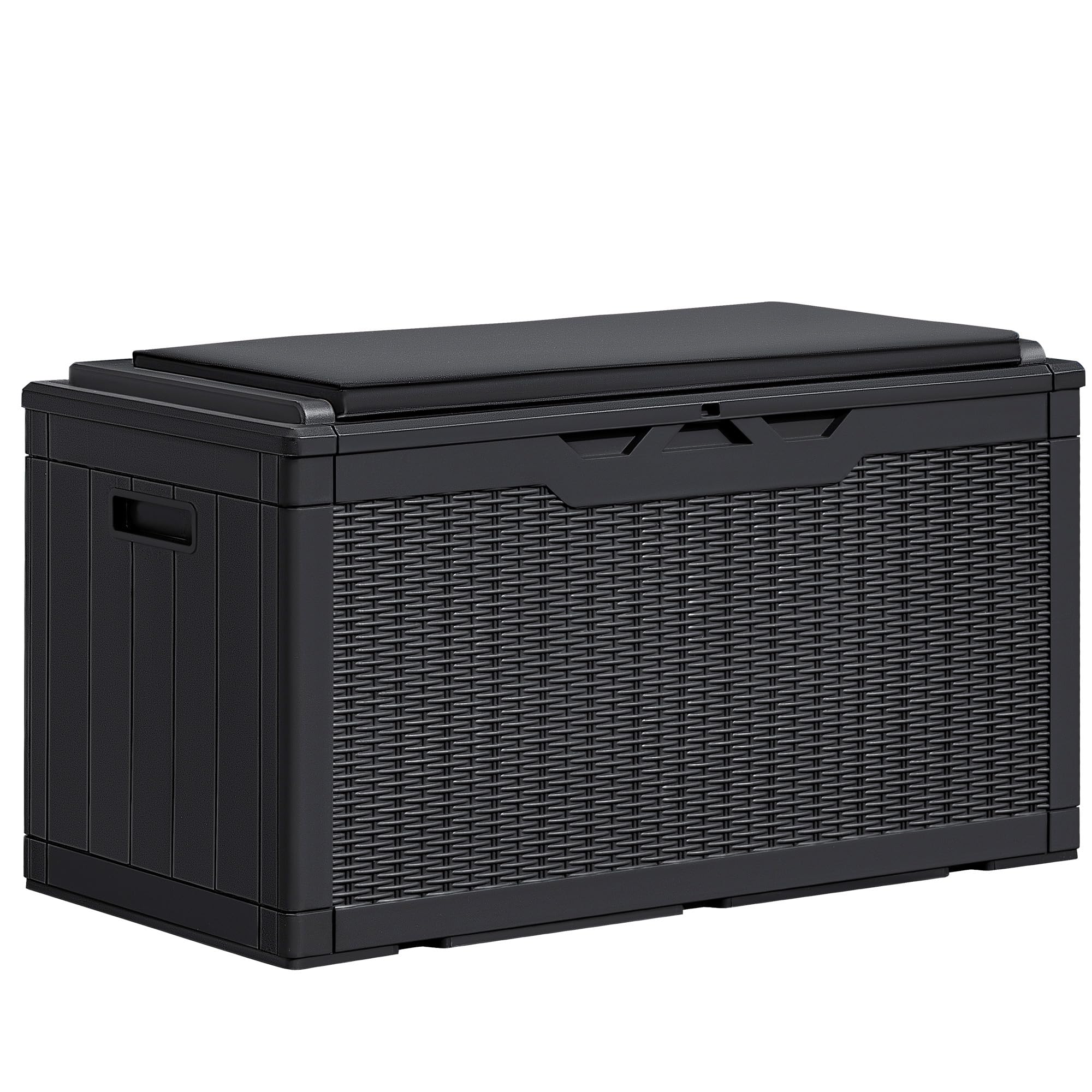 Greesum 100 Gallon Resin Deck Box - Large Outdoor Storage Bench with Cushions for Garden Tools, Patio Furniture, Pool Supplies (Black) - Perfect for Backyard, Deck, and Poolside Organization