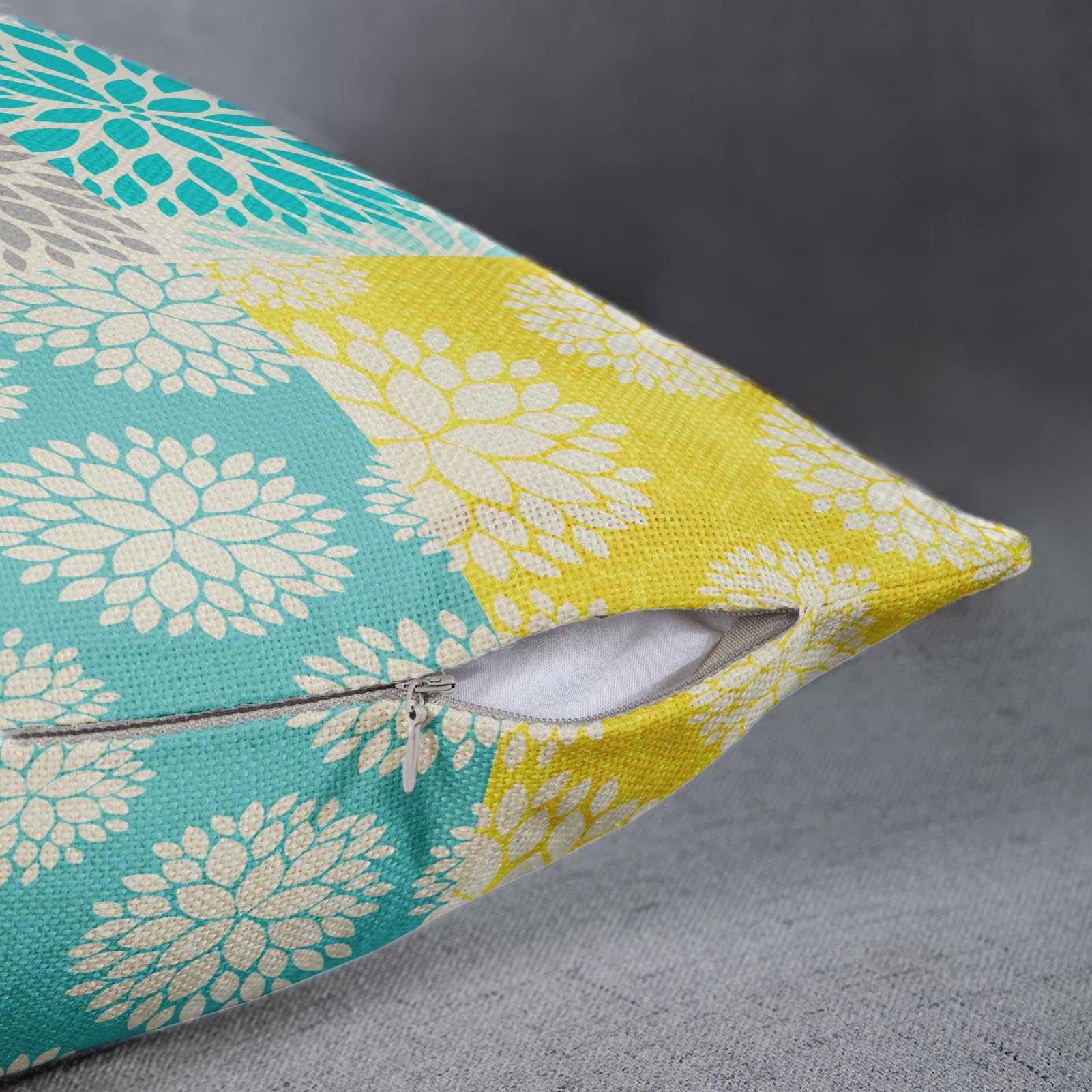 Decorative Linen Throw Pillow Covers Set of 4 - Yellow, Gray, Pastel Blue & White Floral Teal Turquoise Aqua Lemon Dahlia - 16x16 Inches for Sofa, Bed, Couch & Home Decor