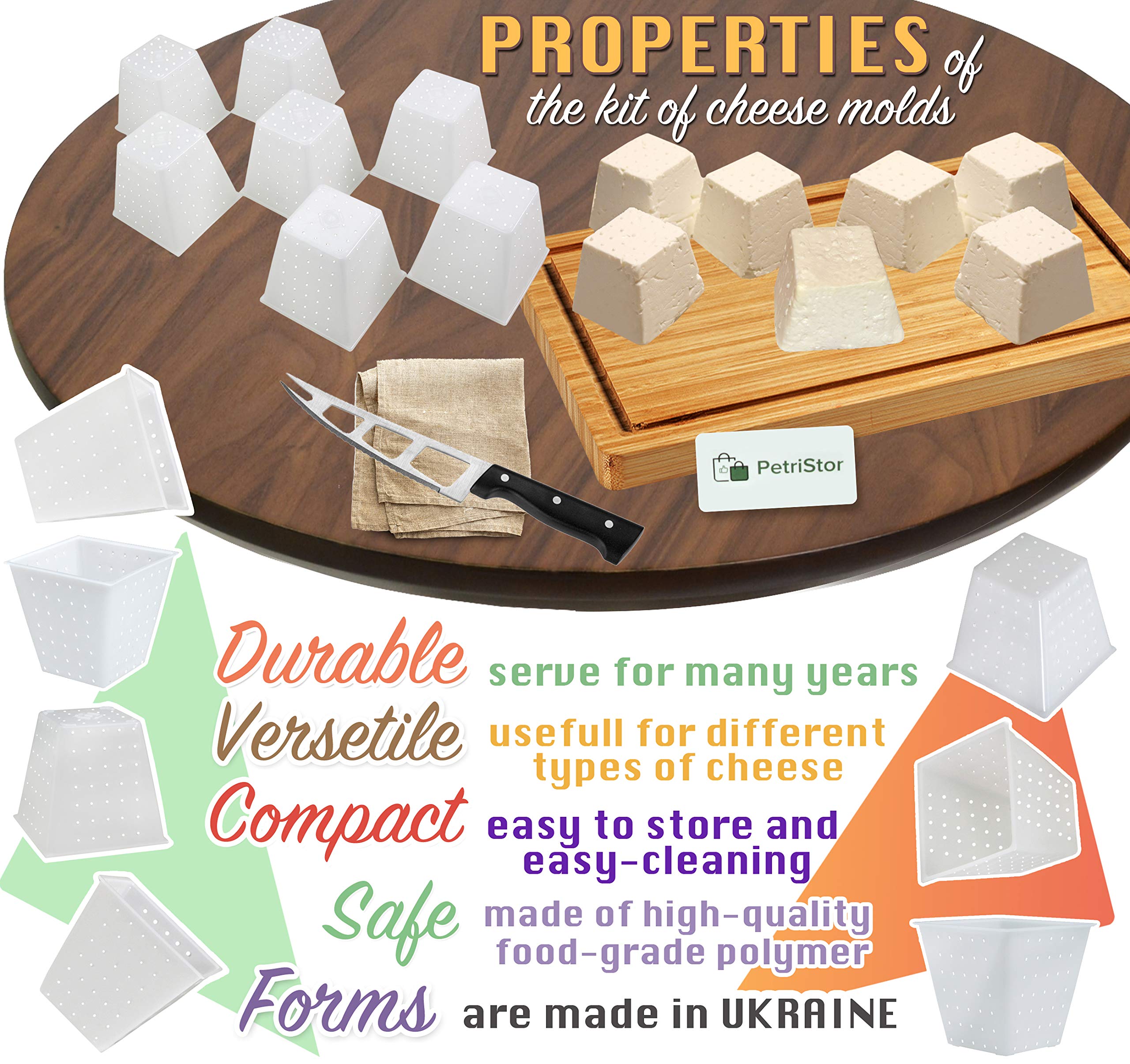 7-Piece Small Cheese Mold Pyramid Set (0.45QT) - Food-Grade Soft Cheese Molds for Homemade Feta, Cream Cheese & Fresh Cheese Making - DIY Cheese Making Supplies & Tools - Perfect for Artisan Cheesemaking, Home Kitchens & Gifts