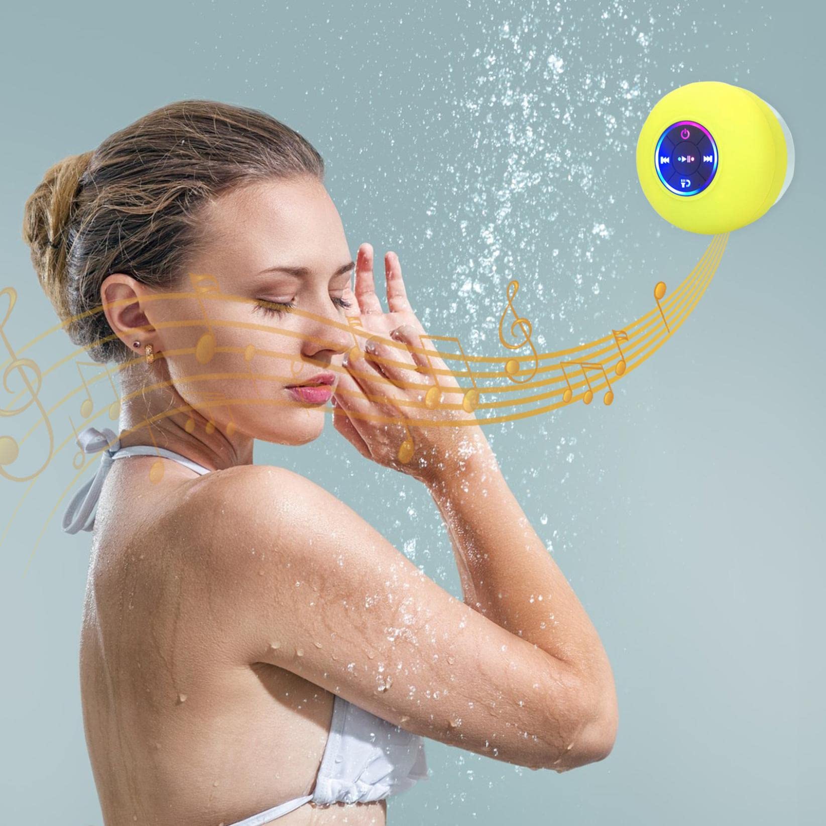 Waterproof Bluetooth Shower Speaker with Colorful LED Lights, Built-in Mic & Suction Cup - Hands-Free Speakerphone, IPX4 Rating, Bluetooth 5.0 (Yellow) - Perfect for Bathroom, Pool Party & Outdoor Adventures