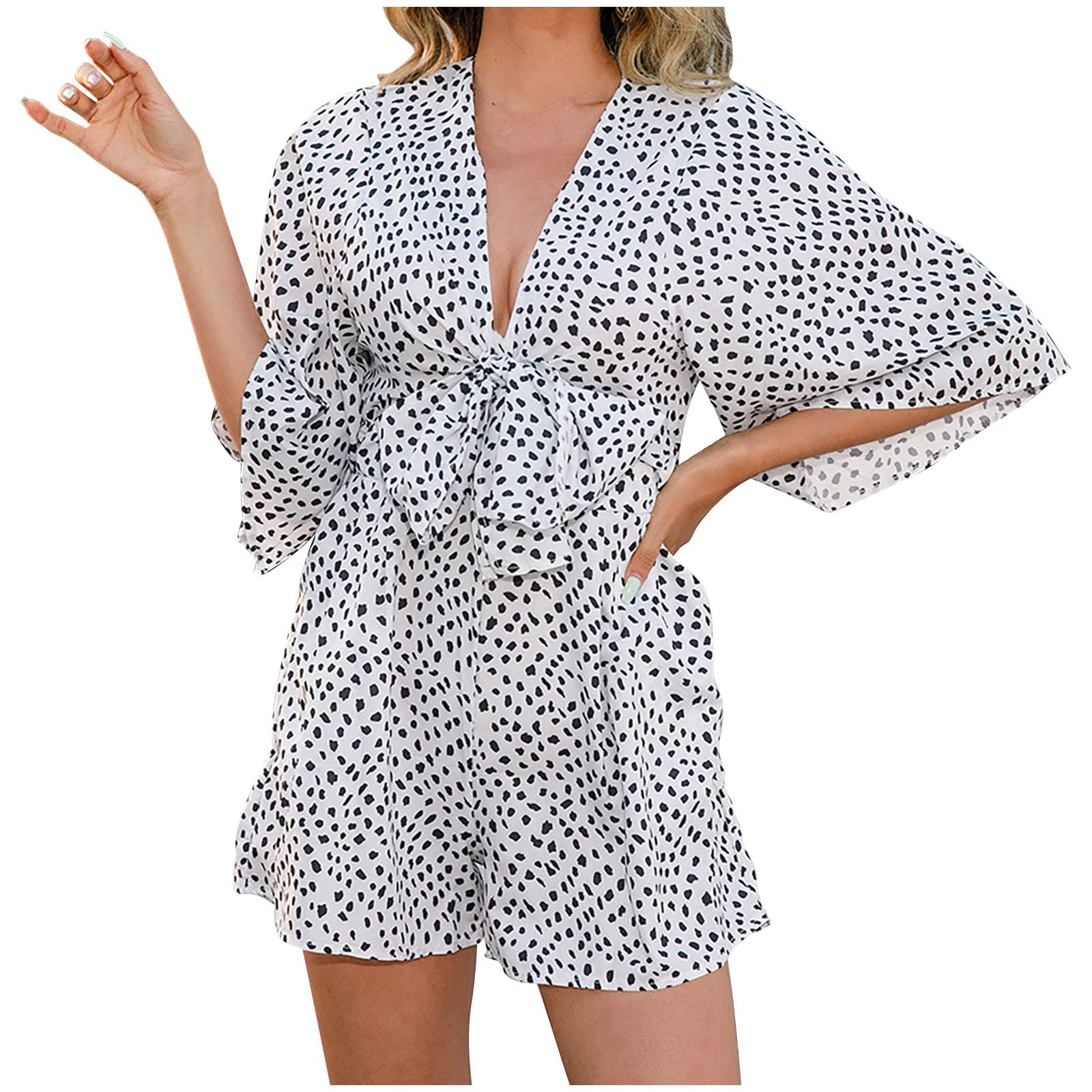 Ganfancp Women's Summer Jumpsuit - V Neck Half Sleeve Hollow Out Mini Romper with Front Tie & Polka Dot Print, Side Pockets | Casual Outfit for Beach, Vacation & Date Night