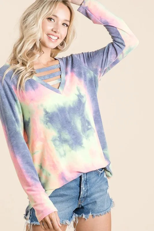 BiBi Tie Dye French Terry V-Neck Strapped T-Shirt for Women | Soft Casual Summer Top | Perfect for Beach, Music Festivals & Everyday Wear