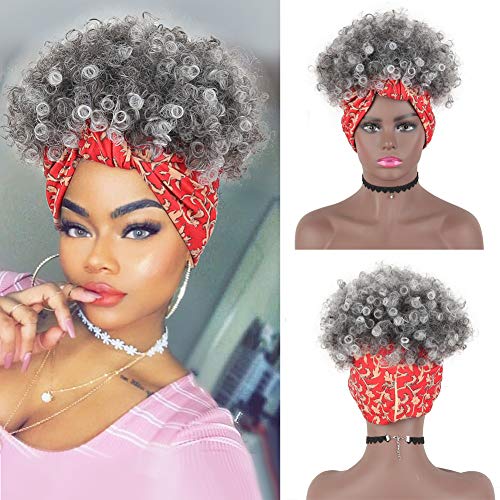 Afro Grey Kinky Curly Headband Wig - 2-in-1 Short Synthetic Half Wig with High Puff Turban Wrap for Black Women (1B/Grey) | Perfect for Cosplay, Daily Wear & Protective Hairstyles