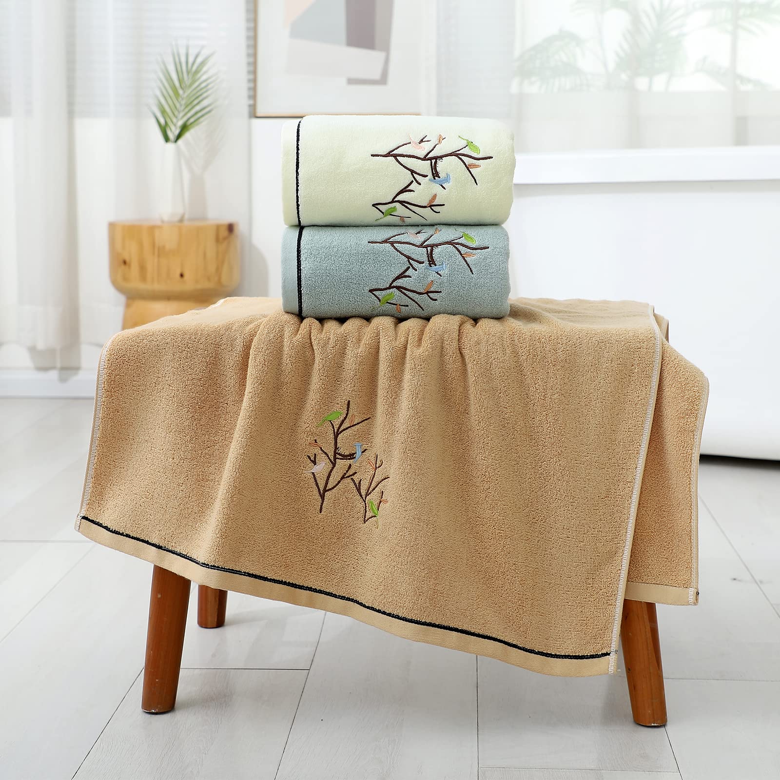 Premium 100% Cotton Embroidered Bird & Tree Bath Towel Set - Ultra Soft & Absorbent 27.6x55 Inch Decorative Bathroom Towels (Light Yellow) for Spa, Guest Bath & Luxury Home Decor