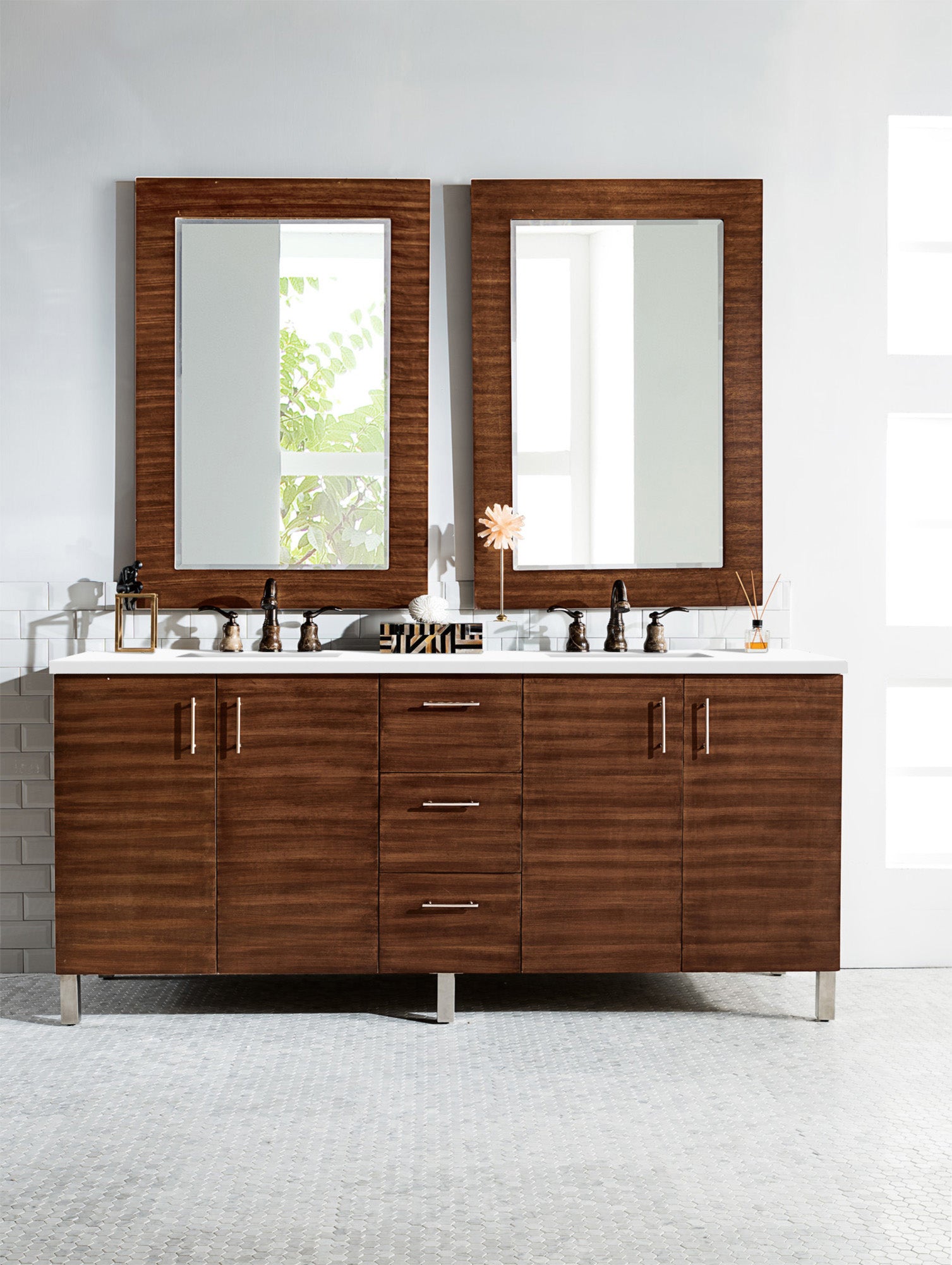 Metropolitan 72 Inch Double Bathroom Vanity with American Walnut Finish & 3CM Classic White Quartz Countertop - Perfect for Master Bathroom or Guest Suite Renovation