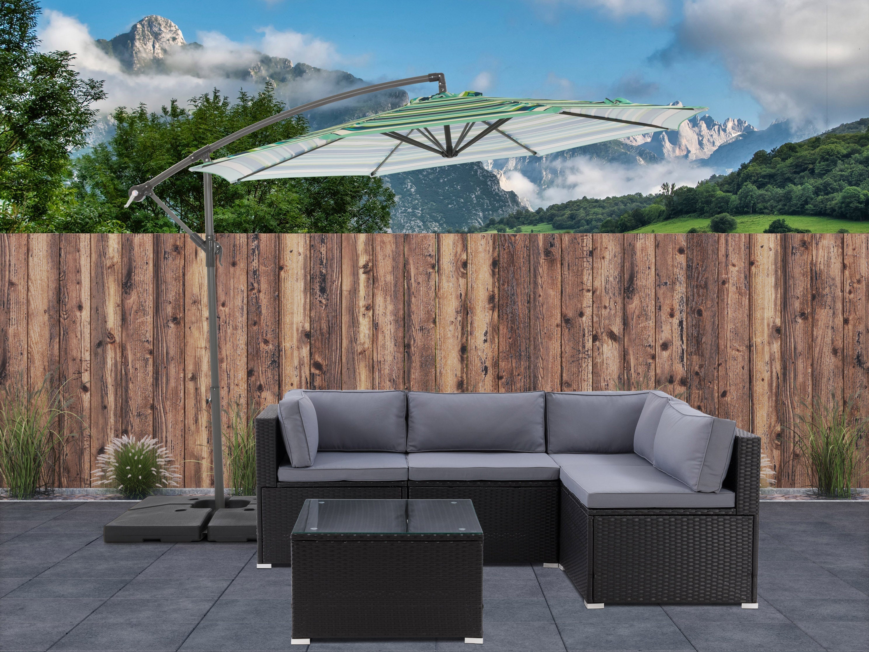 10ft Striped Offset Umbrella - Blue & Green Outdoor Patio Umbrella for Poolside, Garden, and Backyard Relaxation