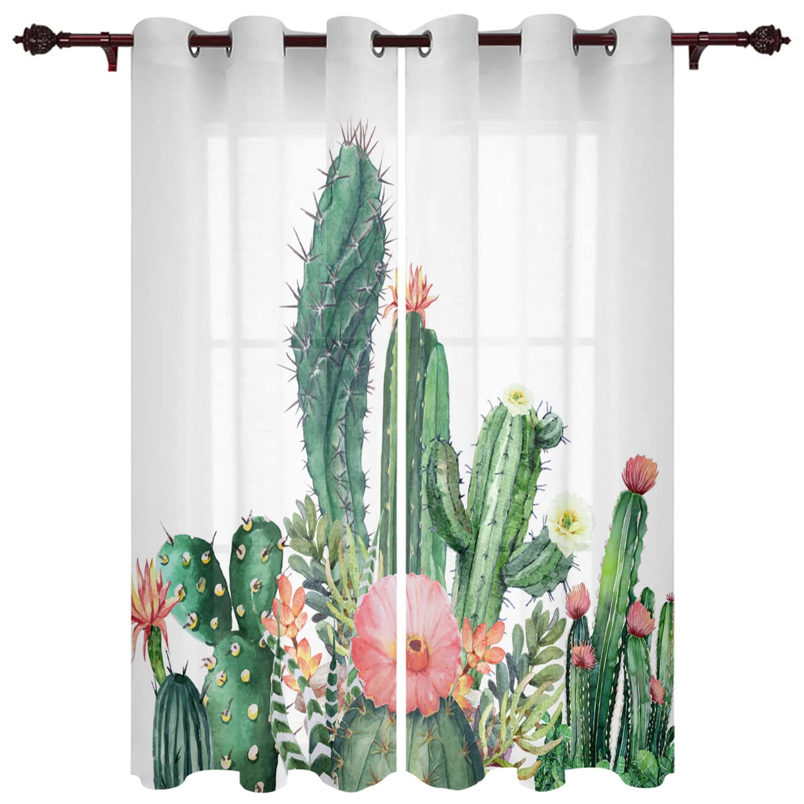 3D Printed Cactus Tropical Plant Window Curtains - Set of 2 Panels, Green Grommet Blackout Curtains for Privacy Protection, 84