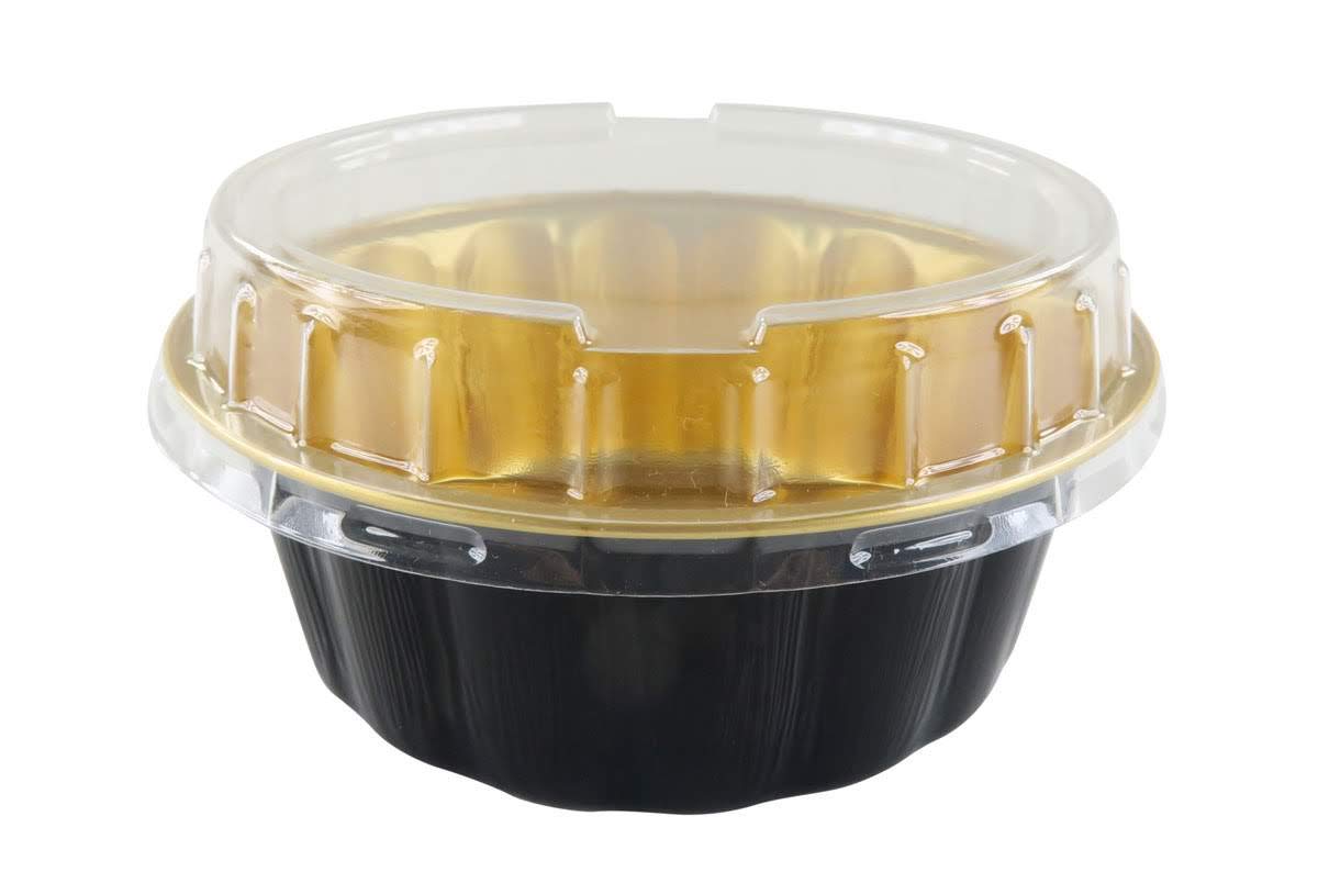 KitchenDance 8oz Disposable Aluminum Foil Dessert Cups with Lids - Round Baking Tart Pans for Cakes, Pies & Pastries - 1000-Pack Black & Gold Ramekins - Ideal for Baking, Food Storage & Party Catering