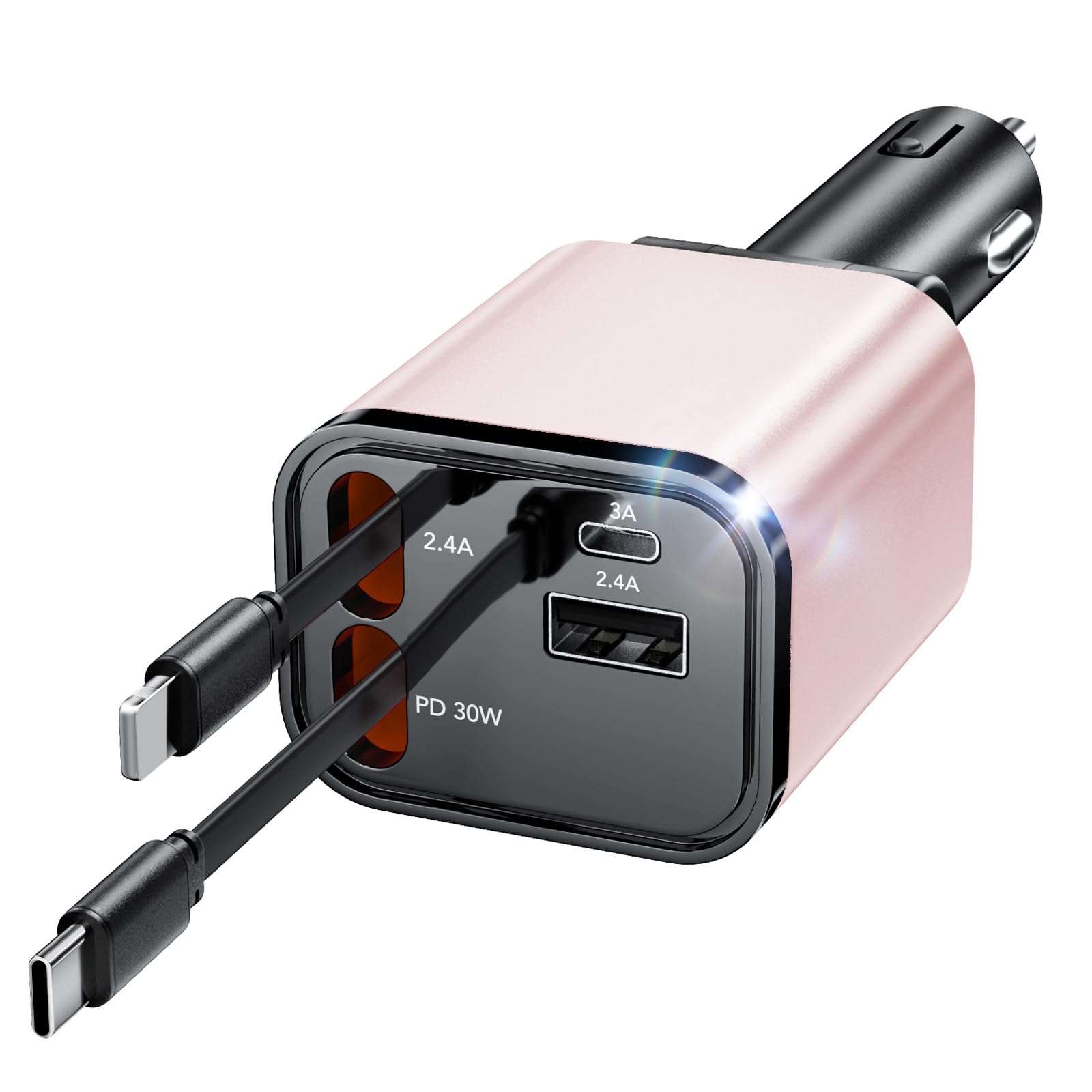 69W 4-in-1 Retractable Car Charger with 2 USB Ports & 2 Retractable Cables - Fast Charging for iPhone 16/15/14/13/12/11, Samsung Galaxy & Google Pixel - Perfect for Road Trips, Commuting & Emergency Charging