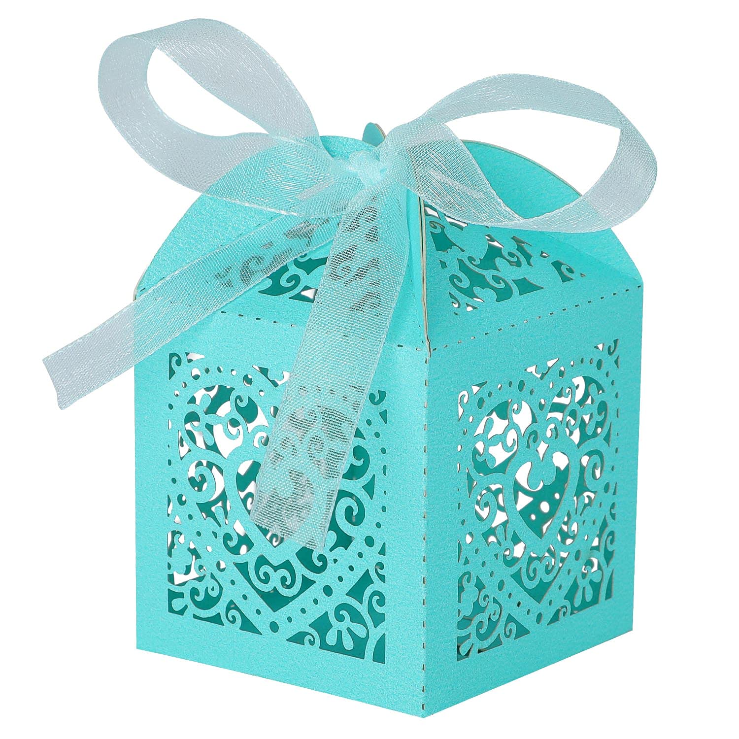50 Pack Blue Wedding Favor Boxes with Heart Cutouts - Elegant Mini Gift Boxes for Chocolates & Candies - Perfect for Weddings, Baby Showers & Birthday Parties - Includes Decorative Ribbon (2x2x2 Inches) - Great for Party Favors, Guest Gifts & Special Occasions