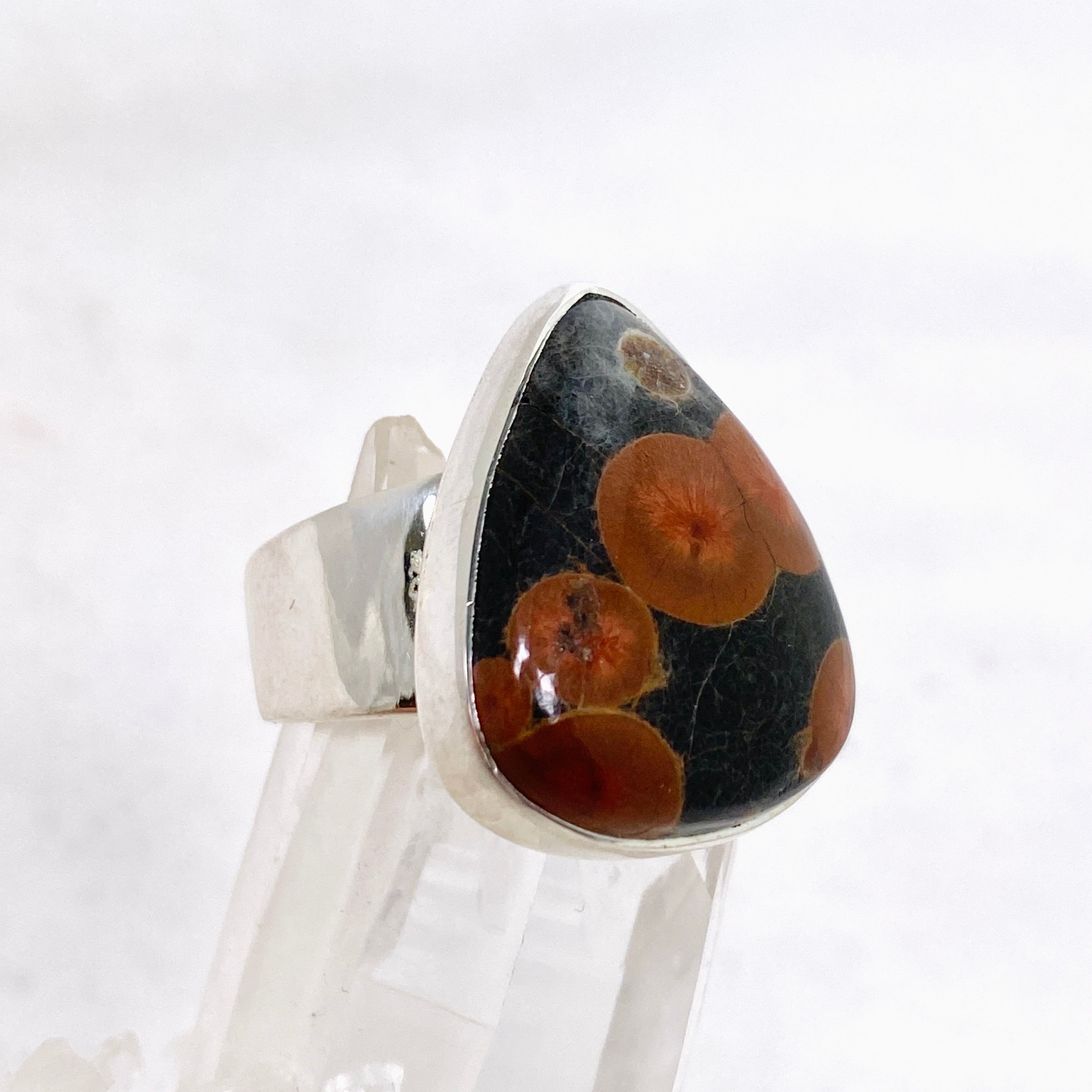Natural Peanut Obsidian Perlite Teardrop Cabochon Ring - Size 7 - KRGJ3348 - Perfect for Boho Jewelry, Healing Crystal Collection & Spiritual Gift Giving