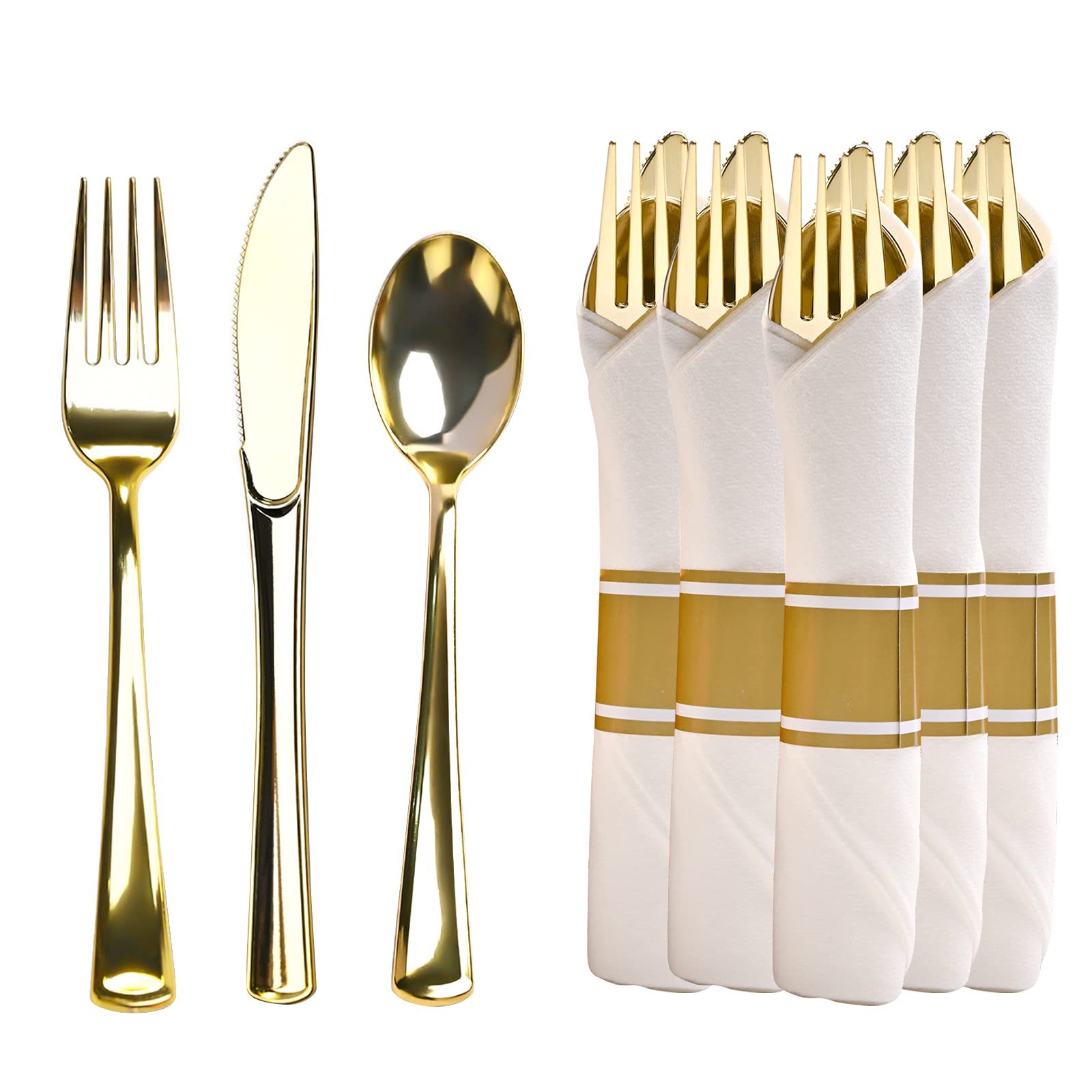 Premium Disposable Pre-Rolled Napkin and Cutlery Set - 12 Pack Elegant Gold Plastic Silverware Kit with 12 Forks, 12 Knives, 12 Spoons & 12 Napkins - Perfect for Parties, Weddings, Catering & Picnics