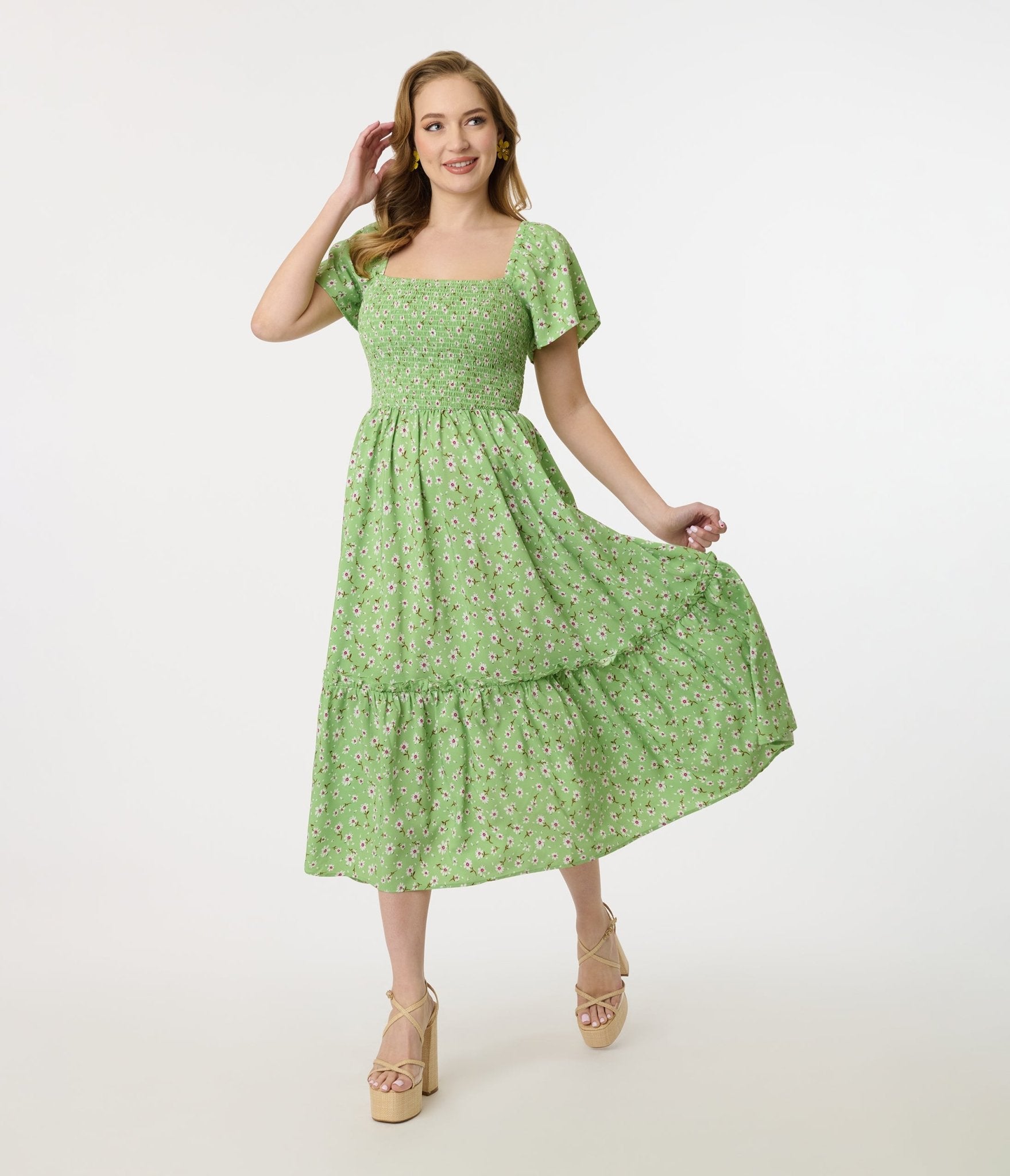 Vintage Green & White Ditsy Floral Smocked Bodice Midi Dress - Perfect for Spring Weddings, Garden Parties & Boho Fashion