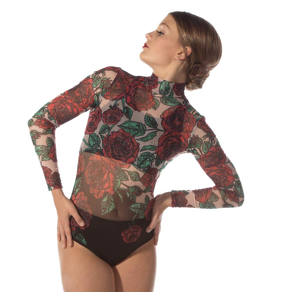 Elegant Rose Floral Mesh Long Leotard Bodysuit - Women's Dance Gymnastics Yoga Performance Costume