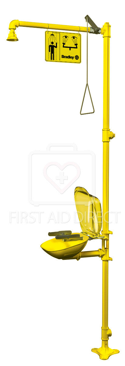 BRADLEY Shower with Eye/Face Wash - Plastic Bowl & Cover - Floor Mounted for Hospitals, Nursing Homes & Healthcare Facilities
