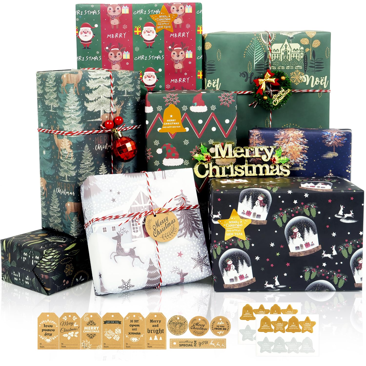 Vintage Christmas Wrapping Paper Set - 8 Sheets Green & Navy Blue Kraft Gift Wrap with Stickers & Tags (20x28 Inch) | Perfect for Holiday Gifts, Christmas Presents, Birthday Wrapping & New Year Celebrations