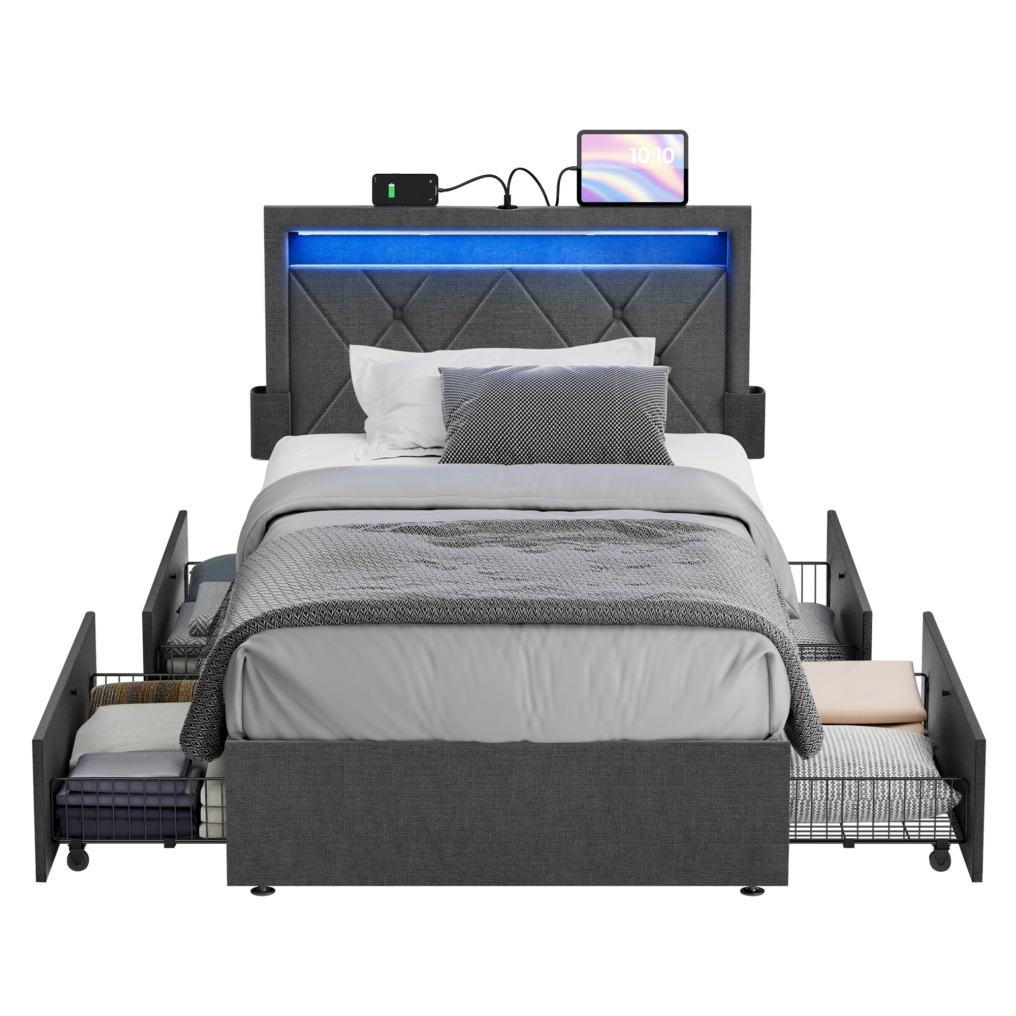 VASAGLE LED Twin Size Bed Frame with Headboard, 4 Storage Drawers, USB & Type-C Ports - 37.1/39.6 Inches, Adjustable Upholstered Headboard, No Box Spring Needed, Dark Gray URMB823G71 - Perfect for Small Bedrooms, Dorms & Modern Apartments