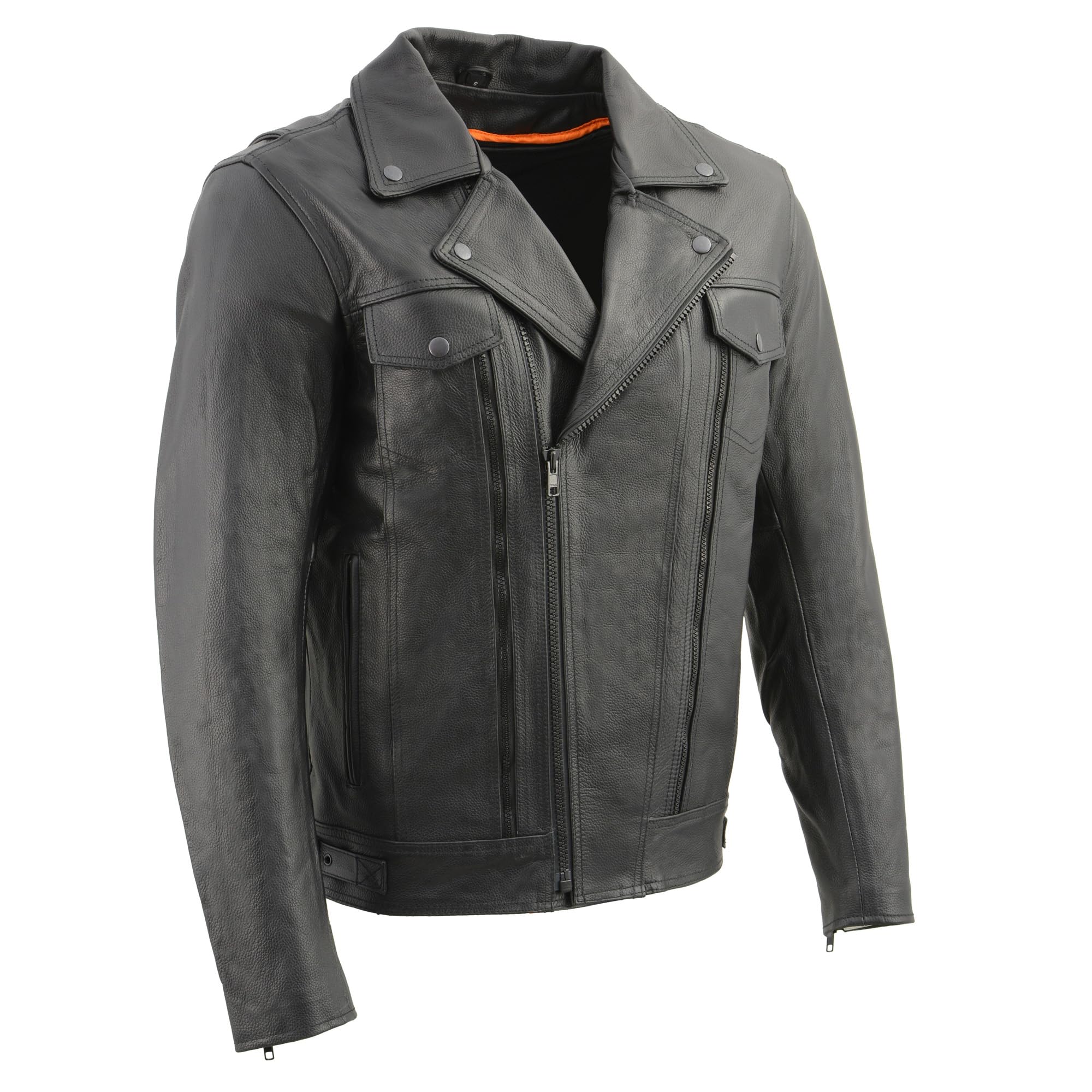 Milwaukee LKM1760 Men's Black Leather Motorcycle Jacket with Utility Pockets - Durable Riding Gear for Bikers & Cruisers