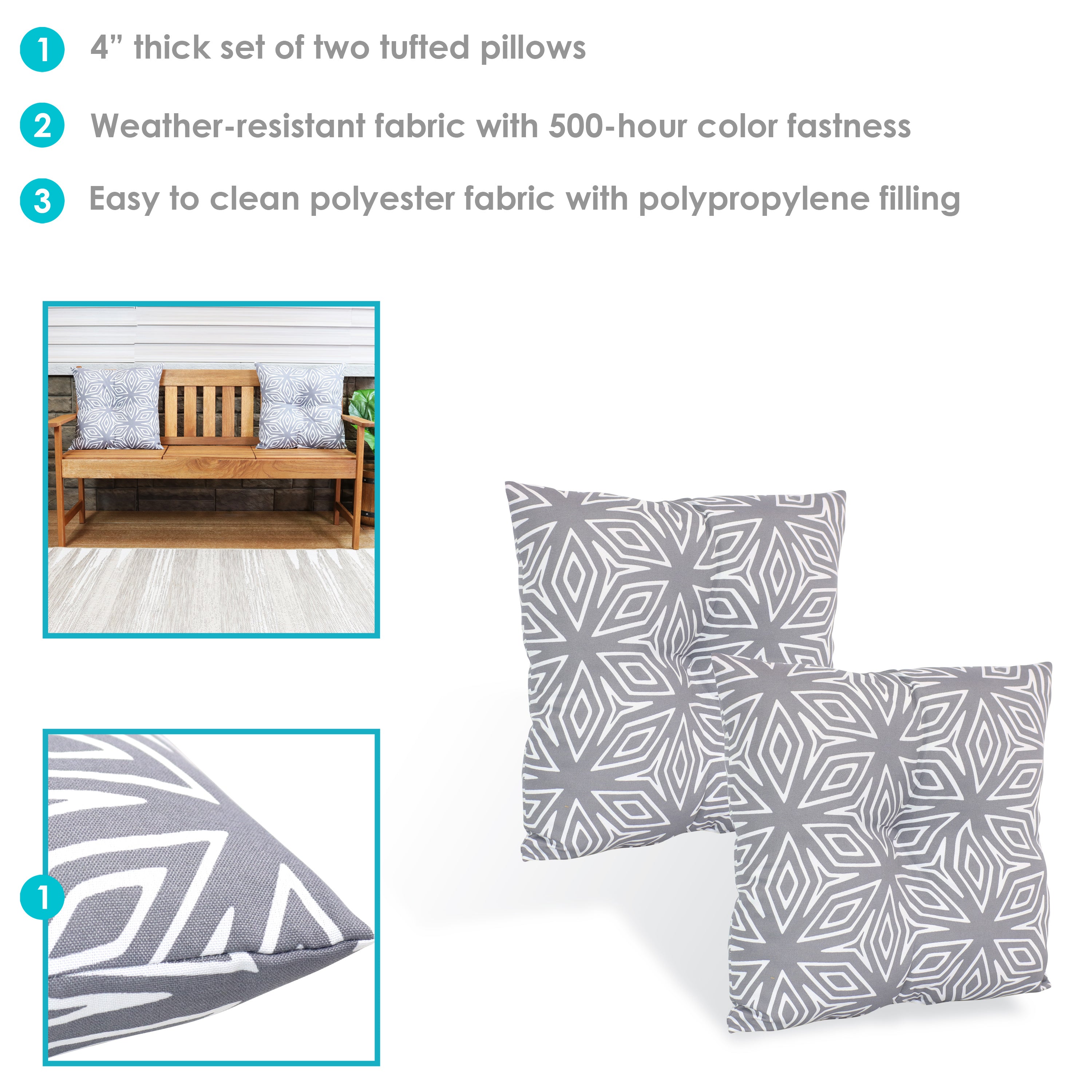Sunnydaze Tufted Decorative Throw Pillows for Sofa, Couch, Bed - Indoor & Outdoor Use - Waterproof & UV Resistant - Perfect for Patio, Garden, Living Room, and Bedroom Decor