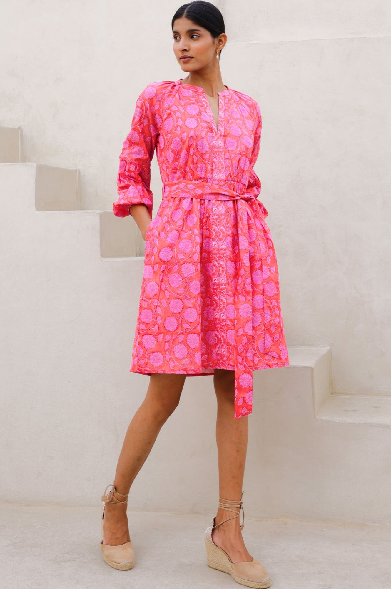 Organic Cotton Block Print Short Dress by Cara | Mara Red & Pink | Boho Summer Dress for Beach, Vacation & Casual Outings