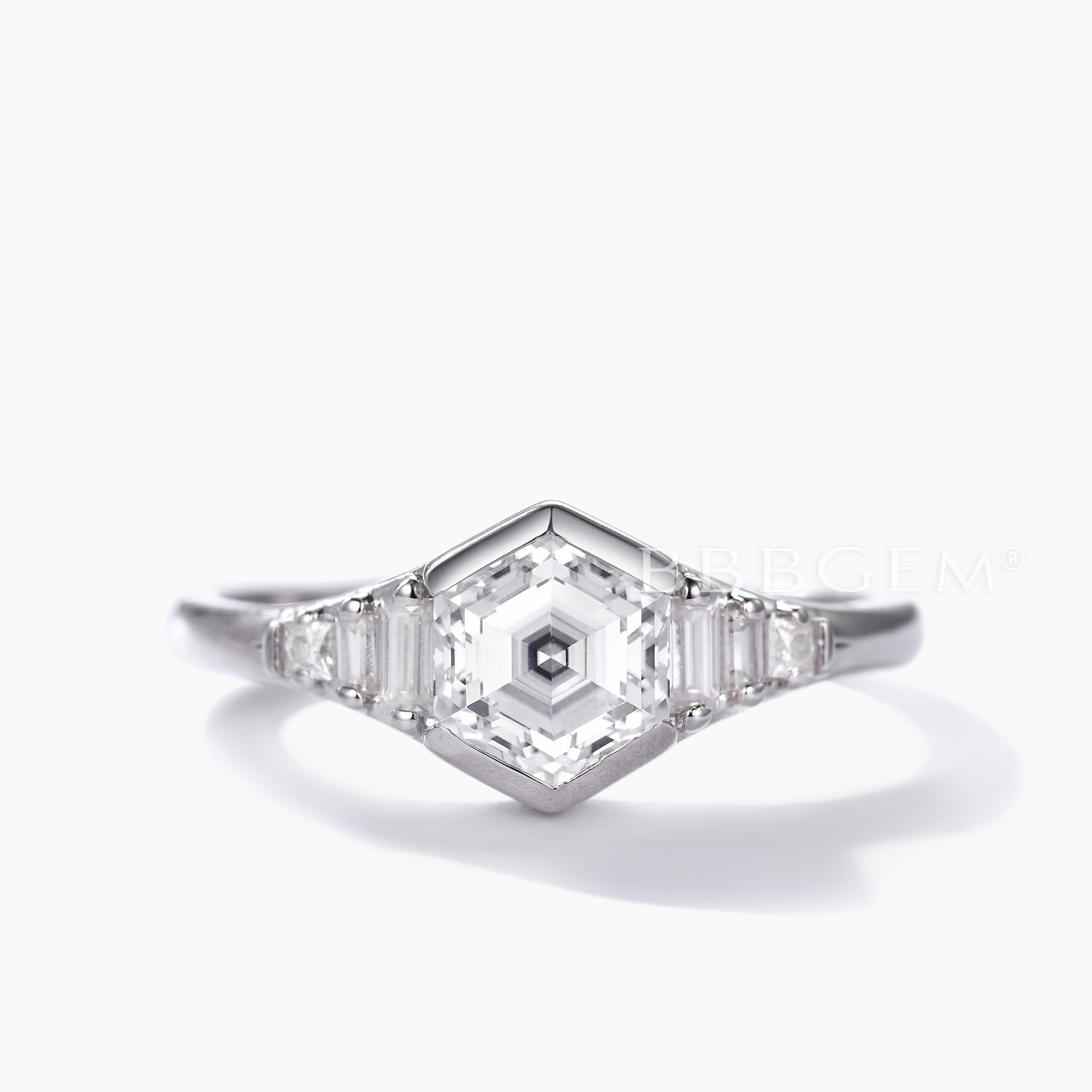 Vintage Inspired Hexagon Moissanite Engagement Ring in 14K White Gold with Unique Bezel Setting - Perfect for Proposals, Anniversaries & Special Occasions