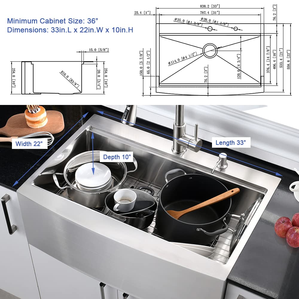 33 Inch Stainless Steel Drop-In Farmhouse Sink Workstation - 16 Gauge Deep Single Bowl Apron Front Kitchen Sink with Cutting Board - Perfect for Modern Farmhouse Kitchens & Food Prep Stations