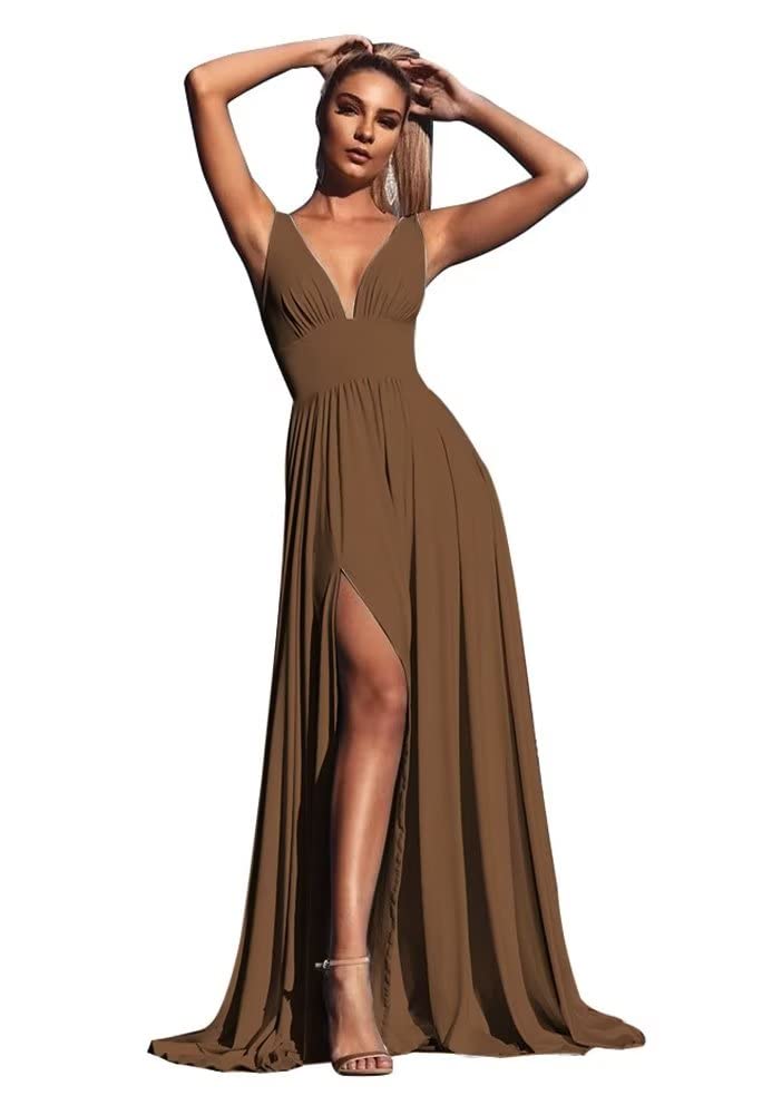 Elegant V-Neck Satin Bridesmaid Dress - A-Line Long Formal Gown for Weddings & Prom (Brown, Size 12) | Perfect for Wedding Parties, Evening Events & Special Occasions
