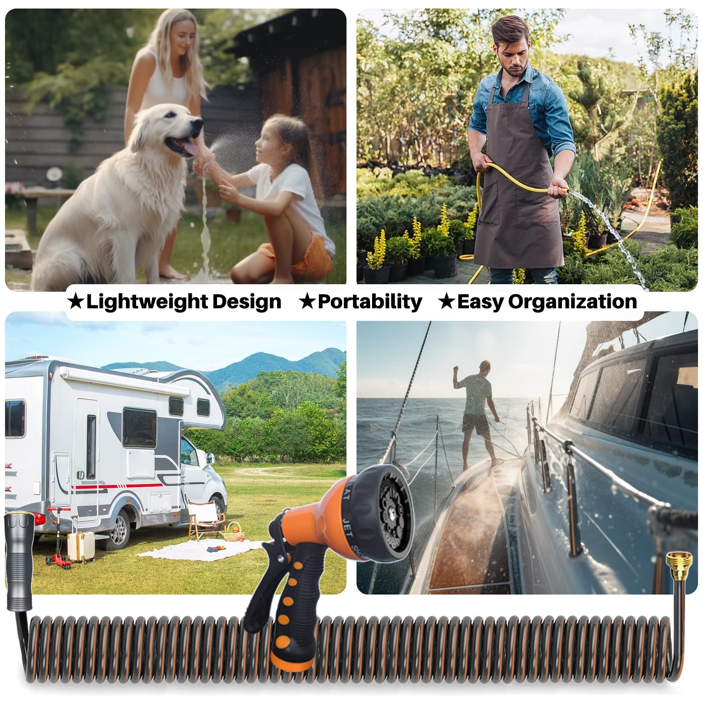3/8'' Retractable EVA Coil Garden Hose 50FT - Lightweight Expandable Water Hose with Spray Nozzle - Flexible Spiral Hose for RV, Boat, Yard, House Cleaning - Durable Gray & Orange Design - Perfect for Gardening, Car Washing and Outdoor Watering