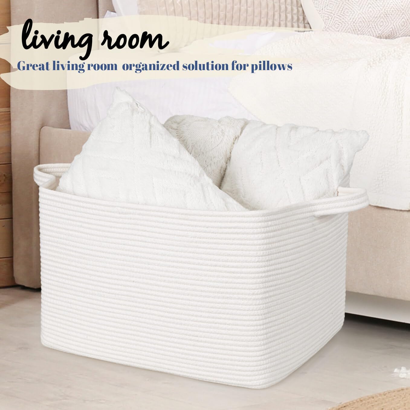 ZLG 50L White Rectangle Storage Basket with Handles - Nursery Cotton Rope Clothes Organizer, Shelf Basket for Towels & Home Essentials - 18 x 14 x 12 Inches - Perfect for Bedroom, Bathroom & Laundry Room Storage