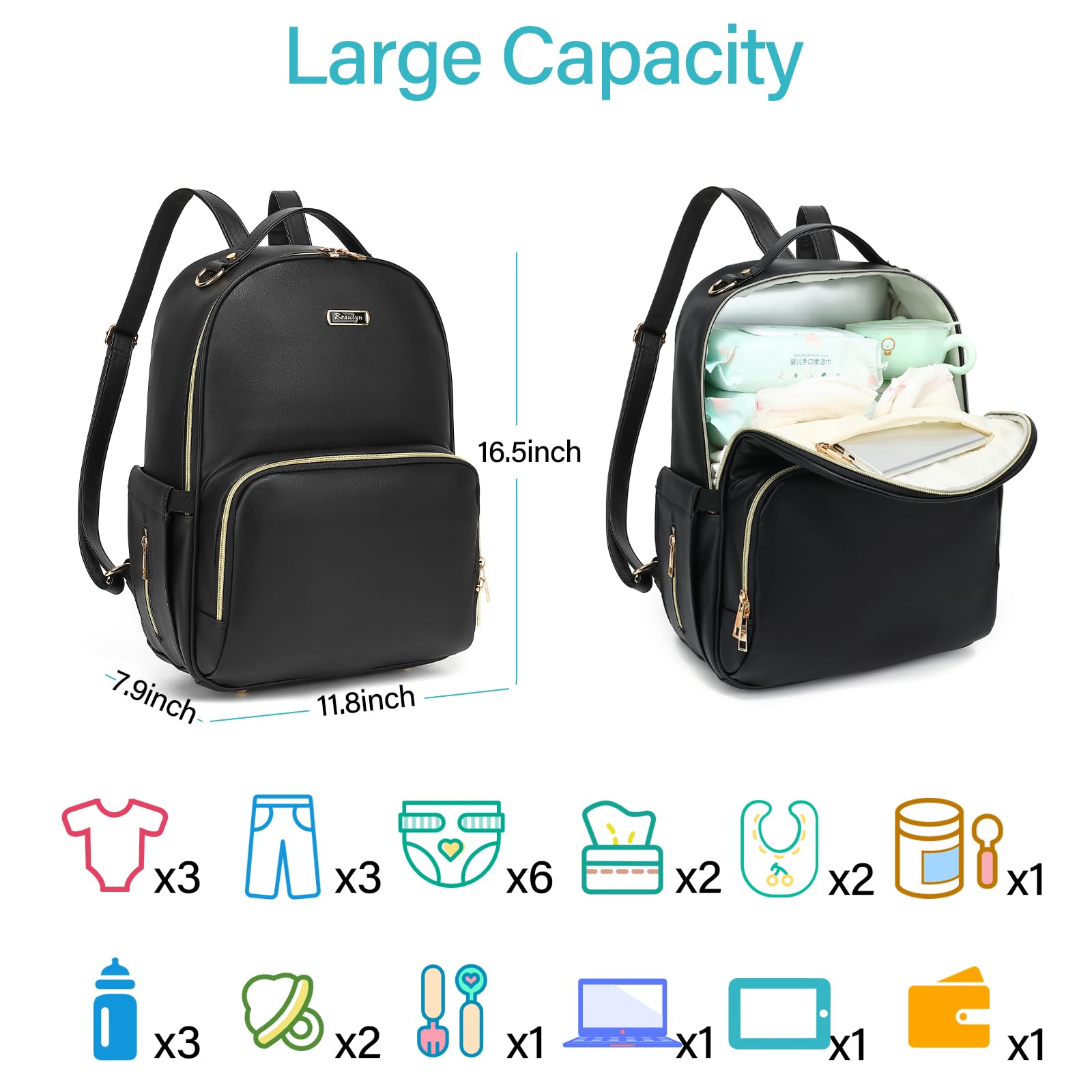 Beaulyn Leather Diaper Bag Backpack for Women - Large Waterproof Baby Bag with 14 Pockets & Changing Pad - Stylish Travel Backpack for Moms | Perfect for Daycare, Travel & Daily Use with Baby